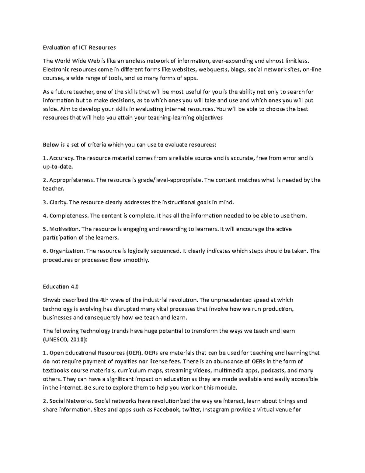 Evaluation Criteria for ICT Resources in Education 4 - Studocu