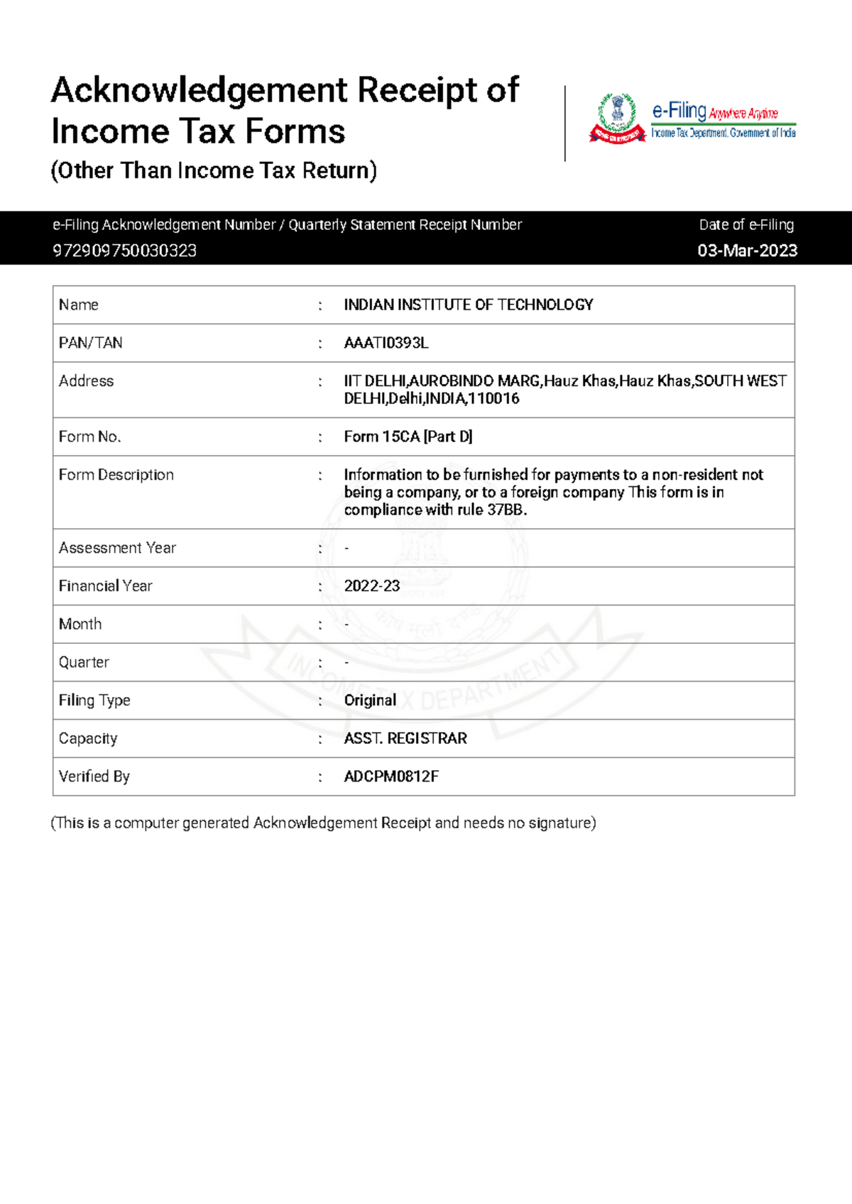 Form 15CA ARN - Acknowledgement Receipt of IIT Delhi e-Filing - Studocu