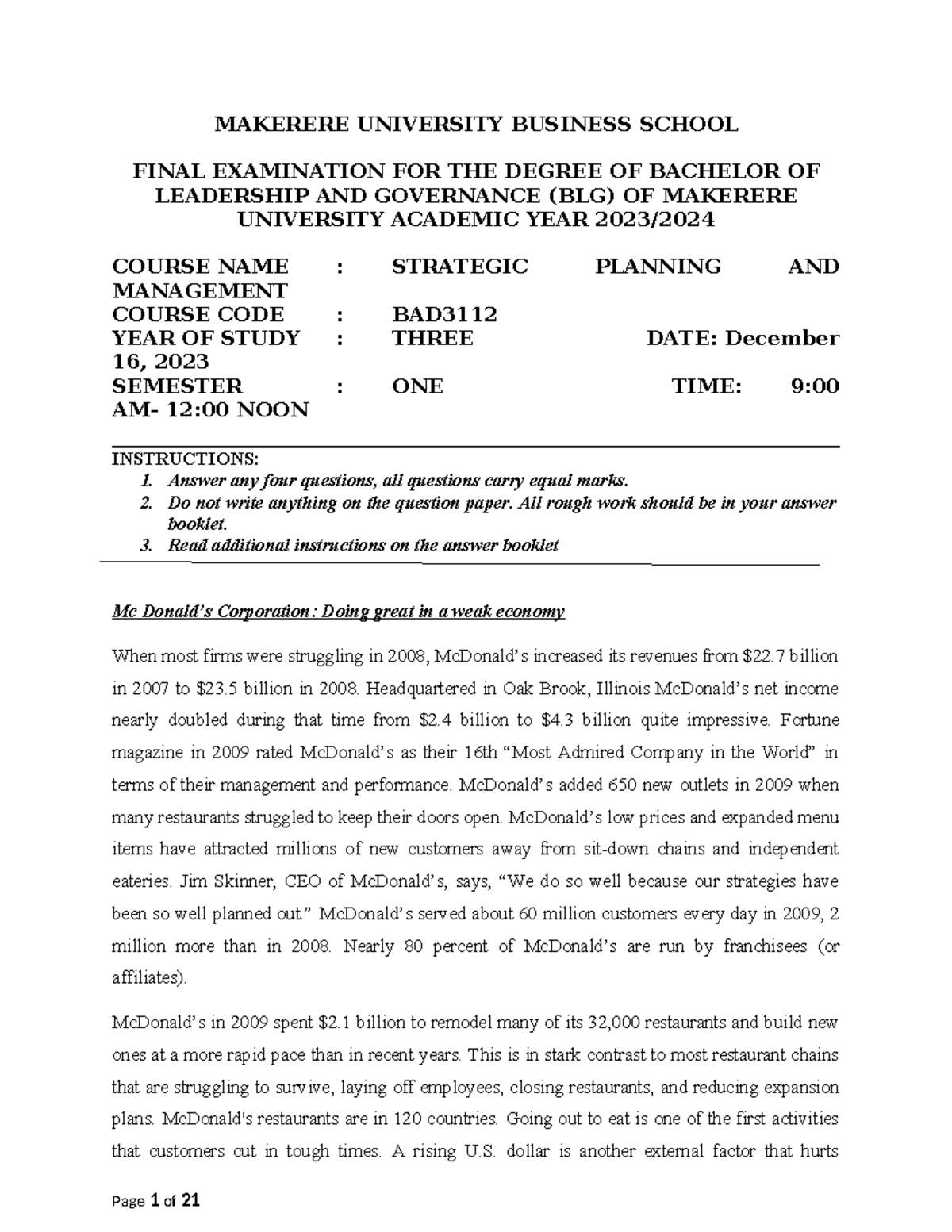 Strategic Management & Planning: Final Exam Guide for BLG BAD3112 - Studocu