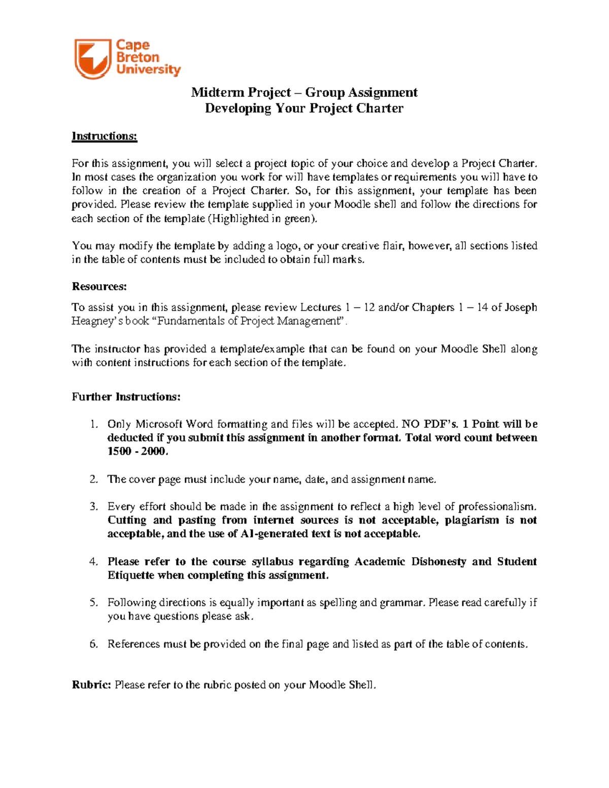 Assignment - Developing your Project Charter - Midterm Project – Group ...
