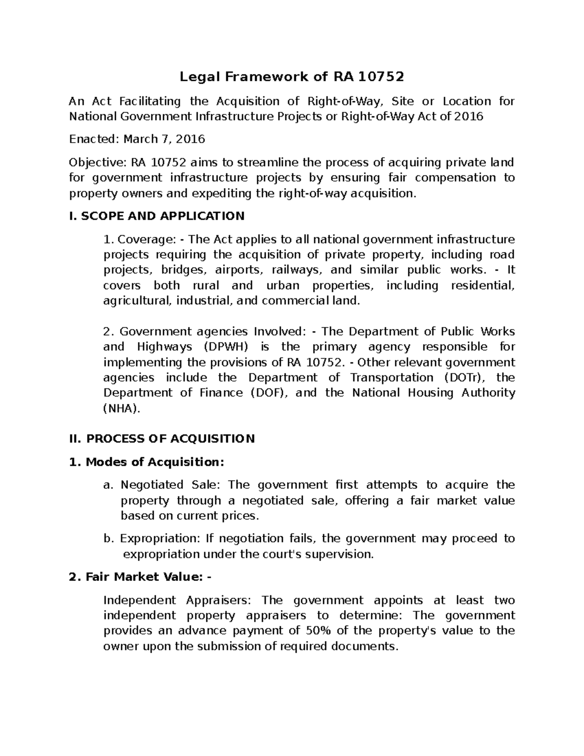 Legal Framework of RA 10752: Acquisition for Gov't Infrastructure ...