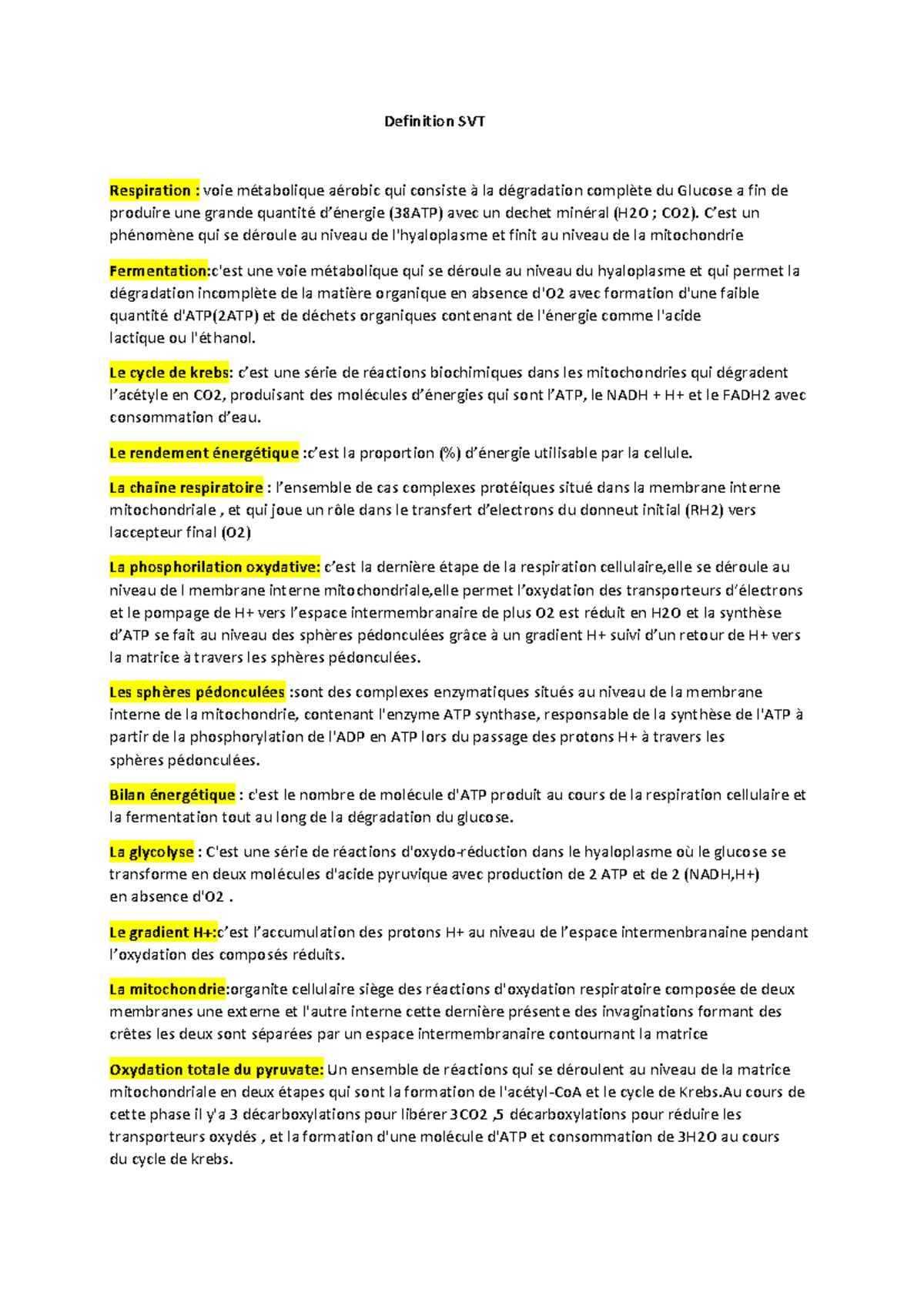 Definition SVT - nnnn - Definition SVT Respiration : voie métabolique ...