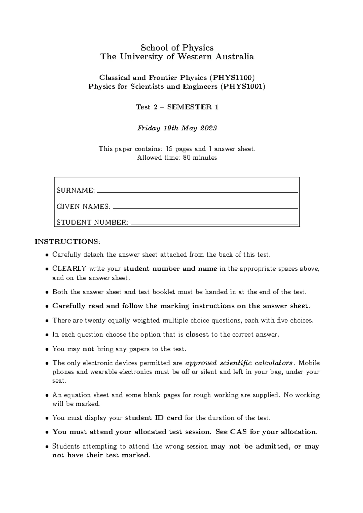 PHYS1001 Final Exam Questions & Solutions Semester 1 2023 - Studocu