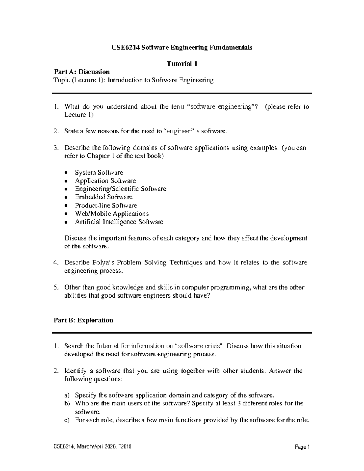 CSE6214 Software Engineering Fundamentals Tutorial 1: Intro ...
