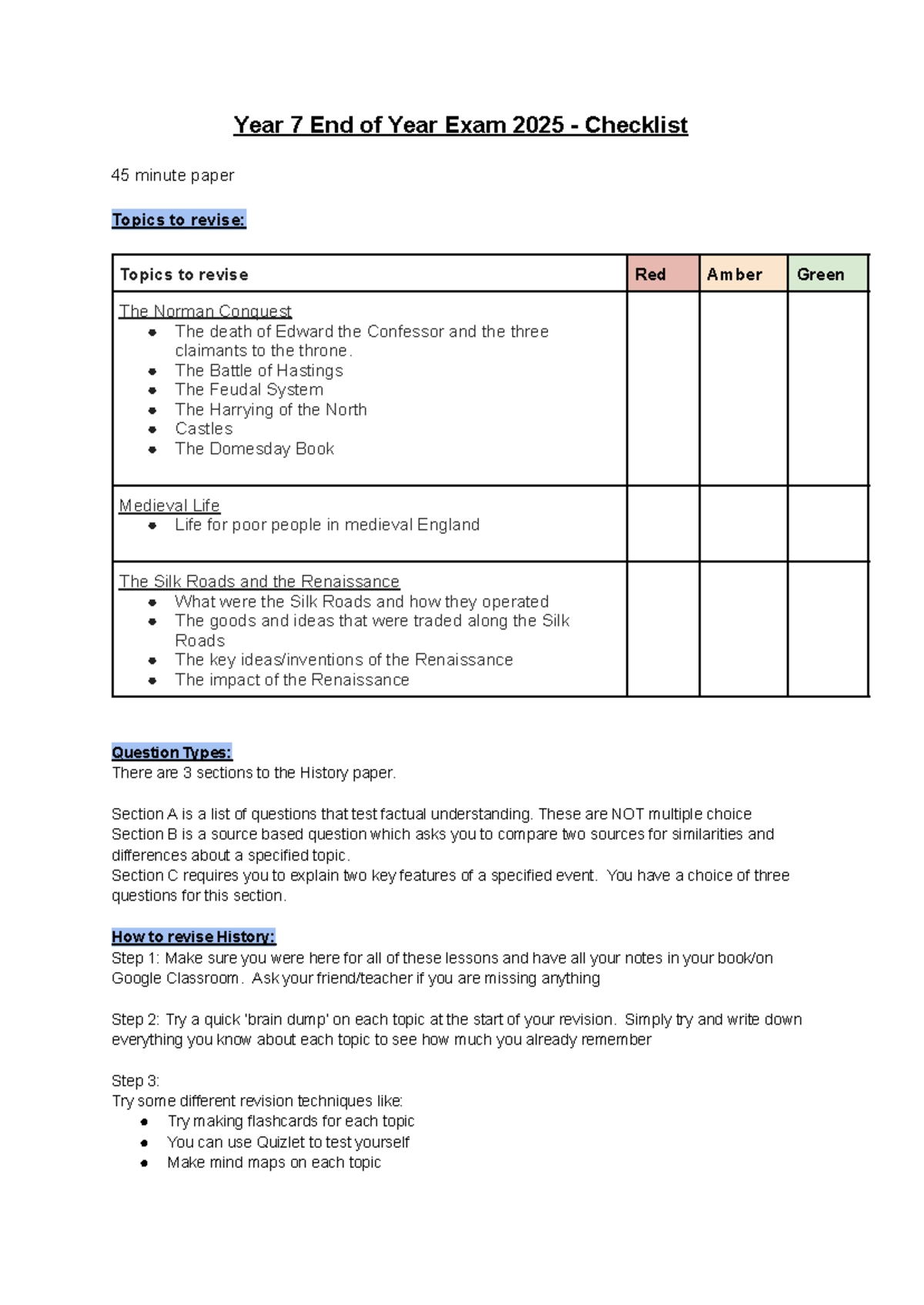 Year 7 History End of Year Exam 2025 Revision Checklist - Studocu