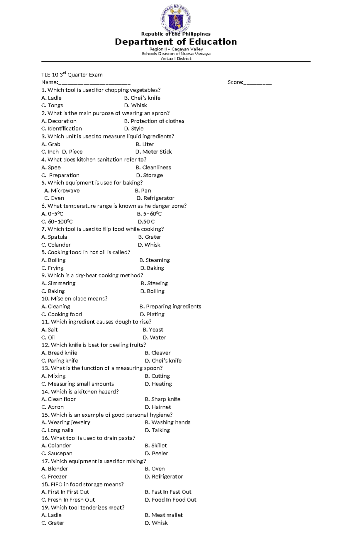 TLE 10 3rd Quarter Exam Review Questions and Answers - Studocu