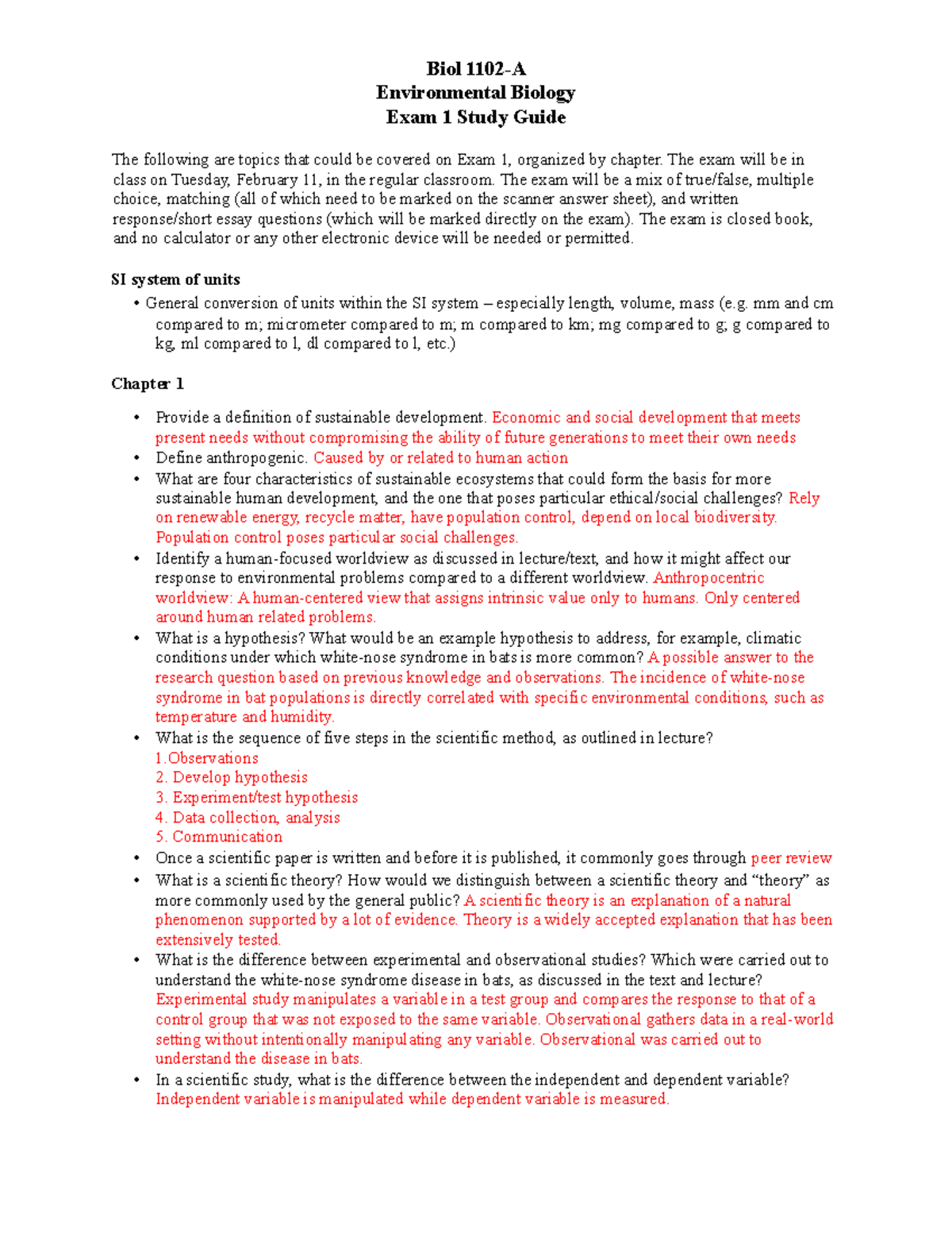 Biol 1102-A: Environmental Biology Exam 1 Comprehensive Study Guide ...