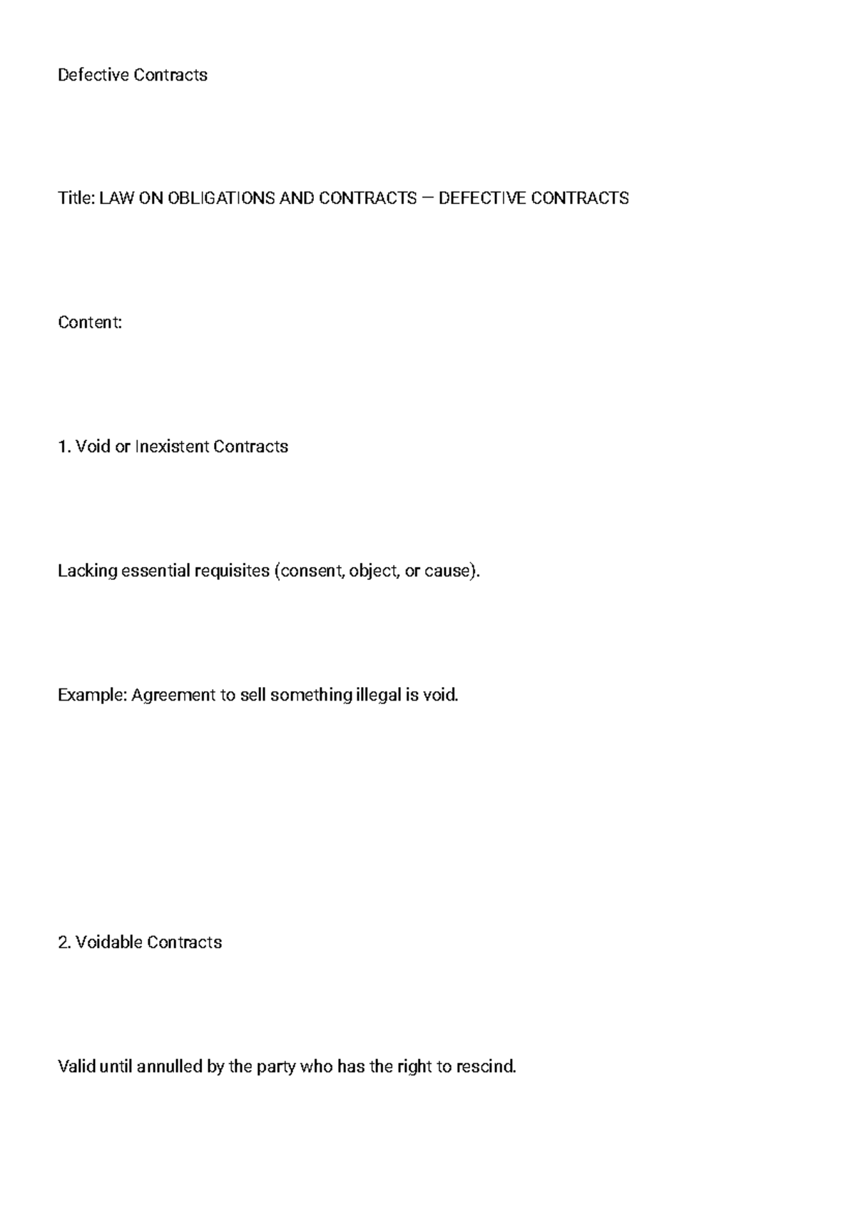 LAW ON OBLIGATIONS AND CONTRACTS: DEFECTIVE CONTRACTS SUMMARY - Studocu