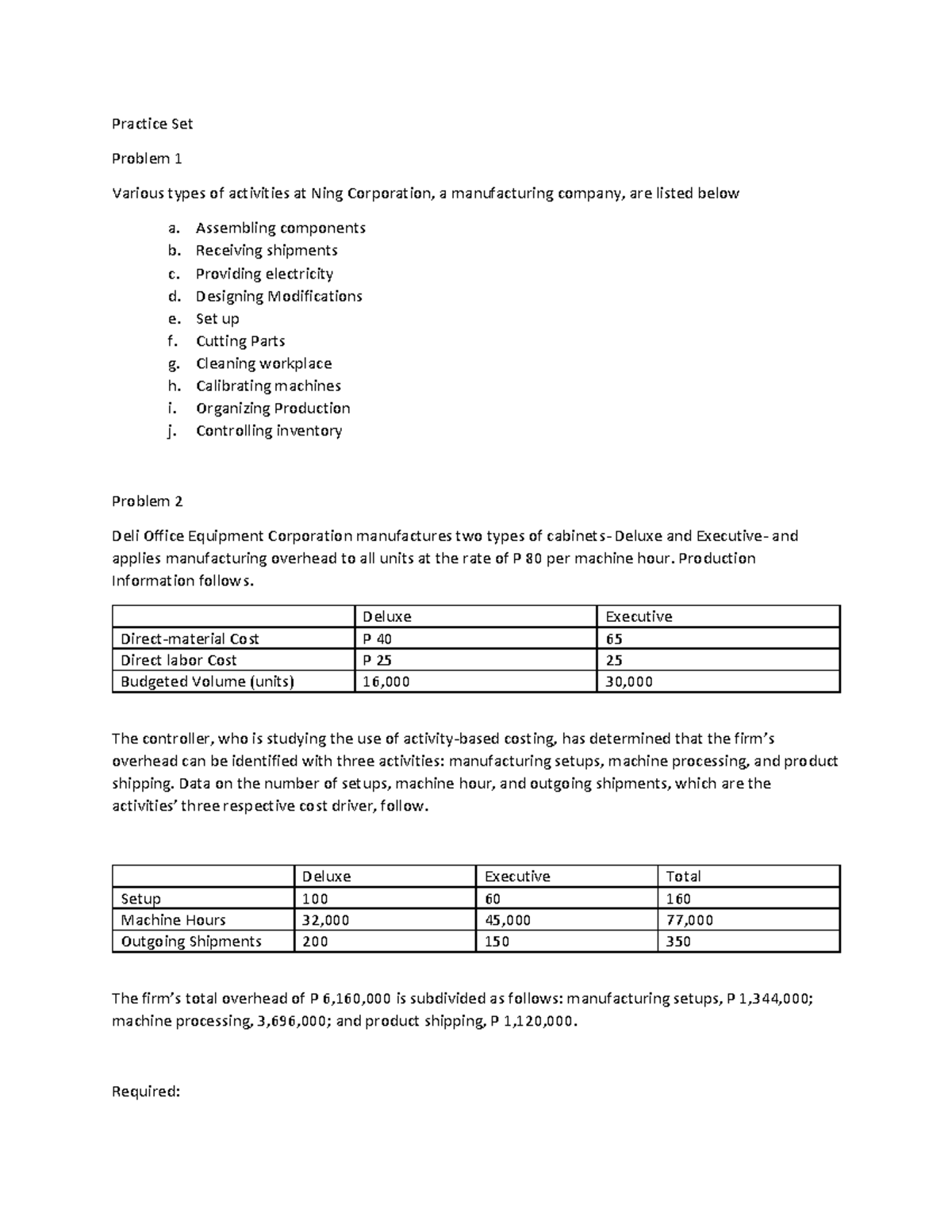 Activity-Based Costing Practice Set for ACC 123: Unit Cost Analysis ...