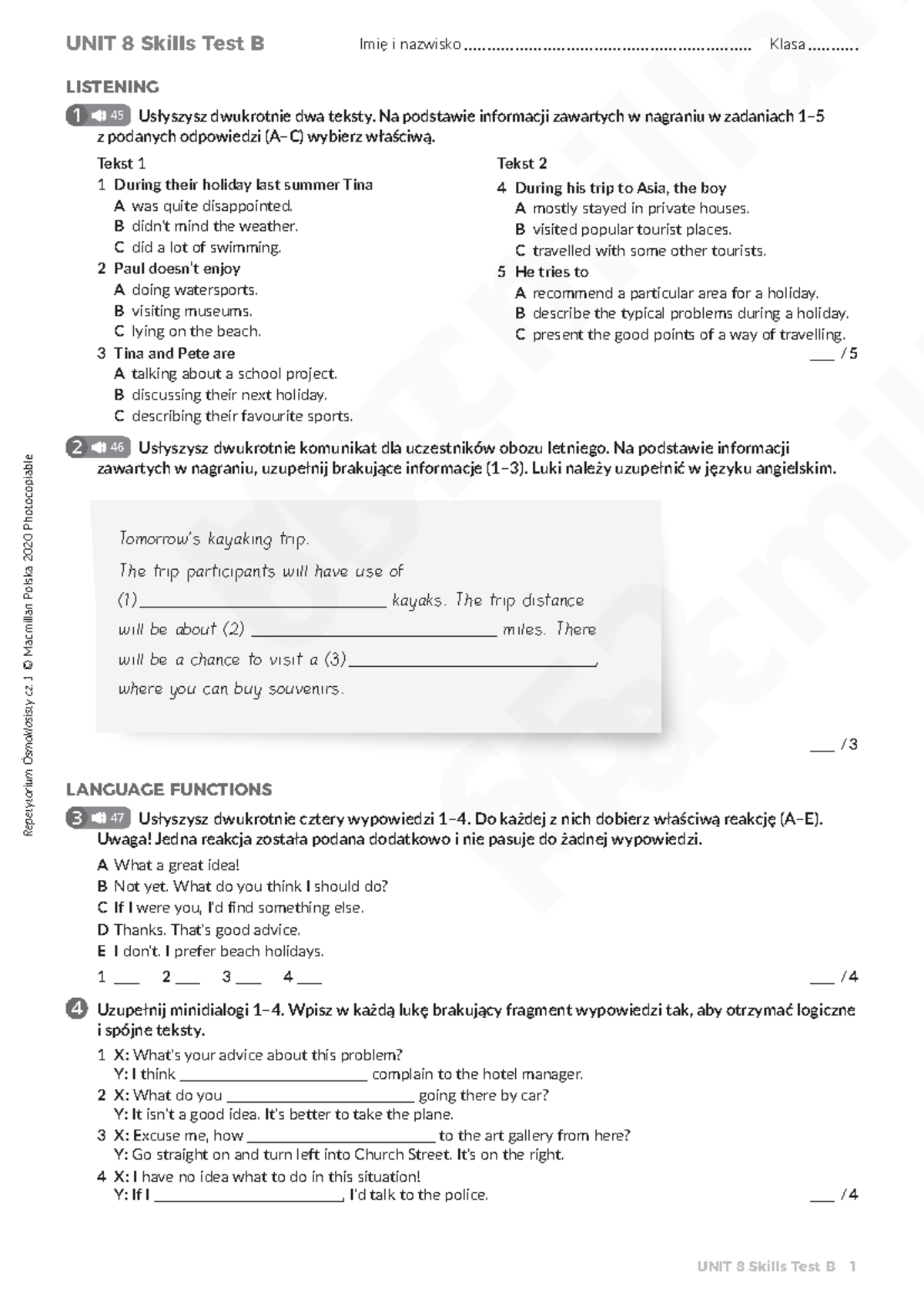 Unit 8 Skills Test B - Listening & Reading Practice for Ósmoklasisty ...