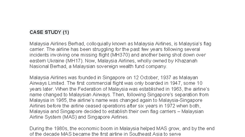 Exe Isaar mas - Notes - CASE STUDY (1) Malaysia Airlines Berhad ...