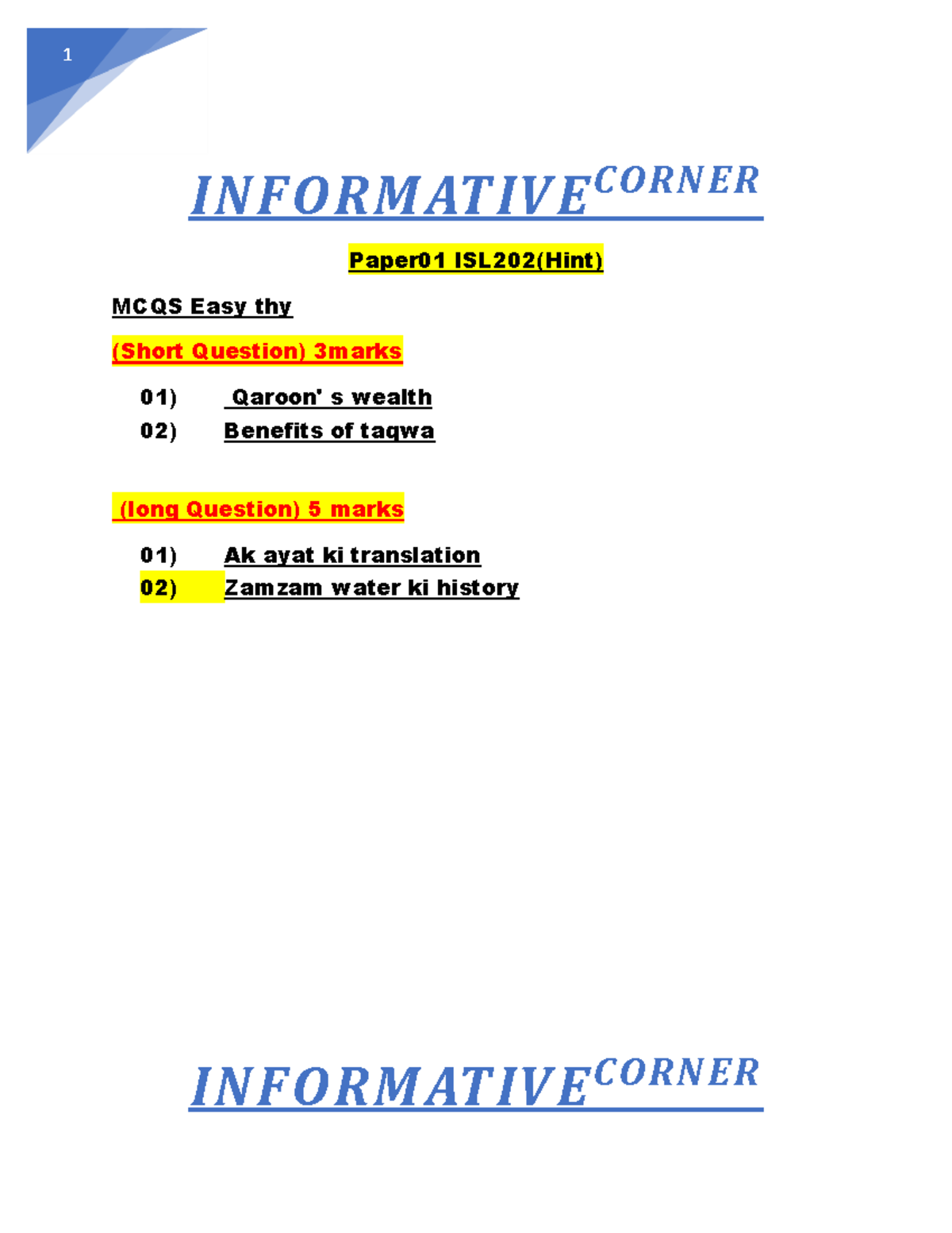 ISL202 Final Exam Prep: MCQs & Short/Long Ques Insights - Studocu