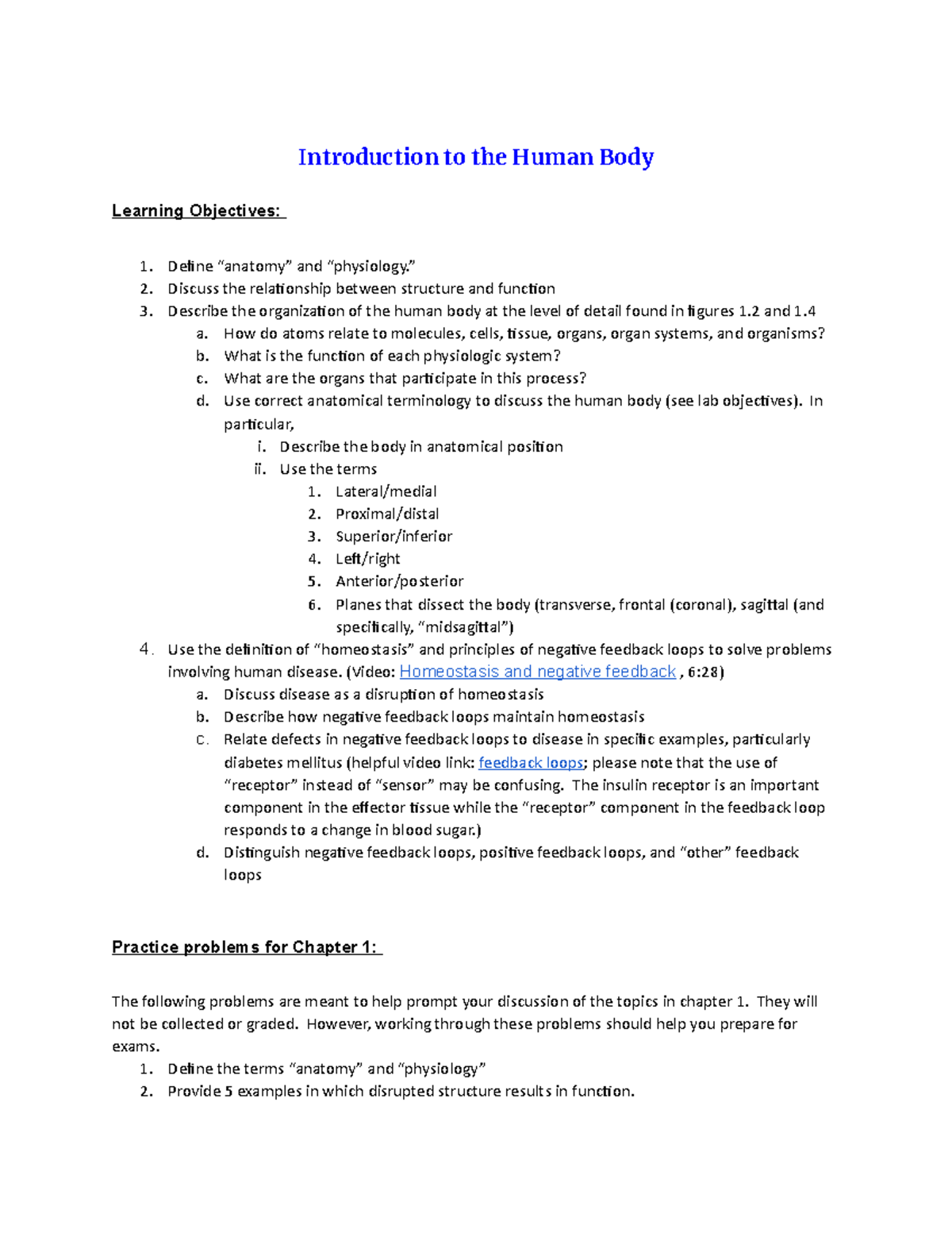 Intro to Human Body Learning Objectives - Introduction to the Human ...