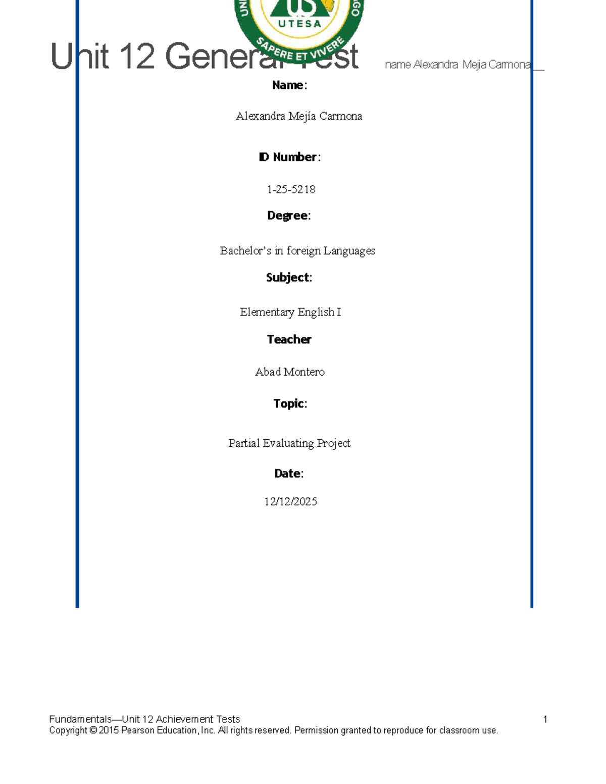 Top Notch Fundamentals: Unit 12 Assessment Test - Studocu