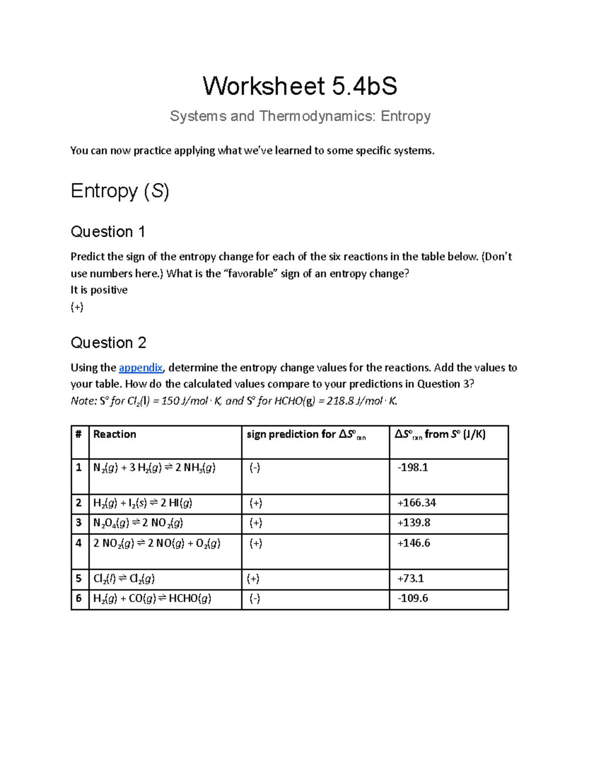 CHEM Worksheet 5.4bS: Systems & Thermodynamics - Entropy Analysis - Studocu