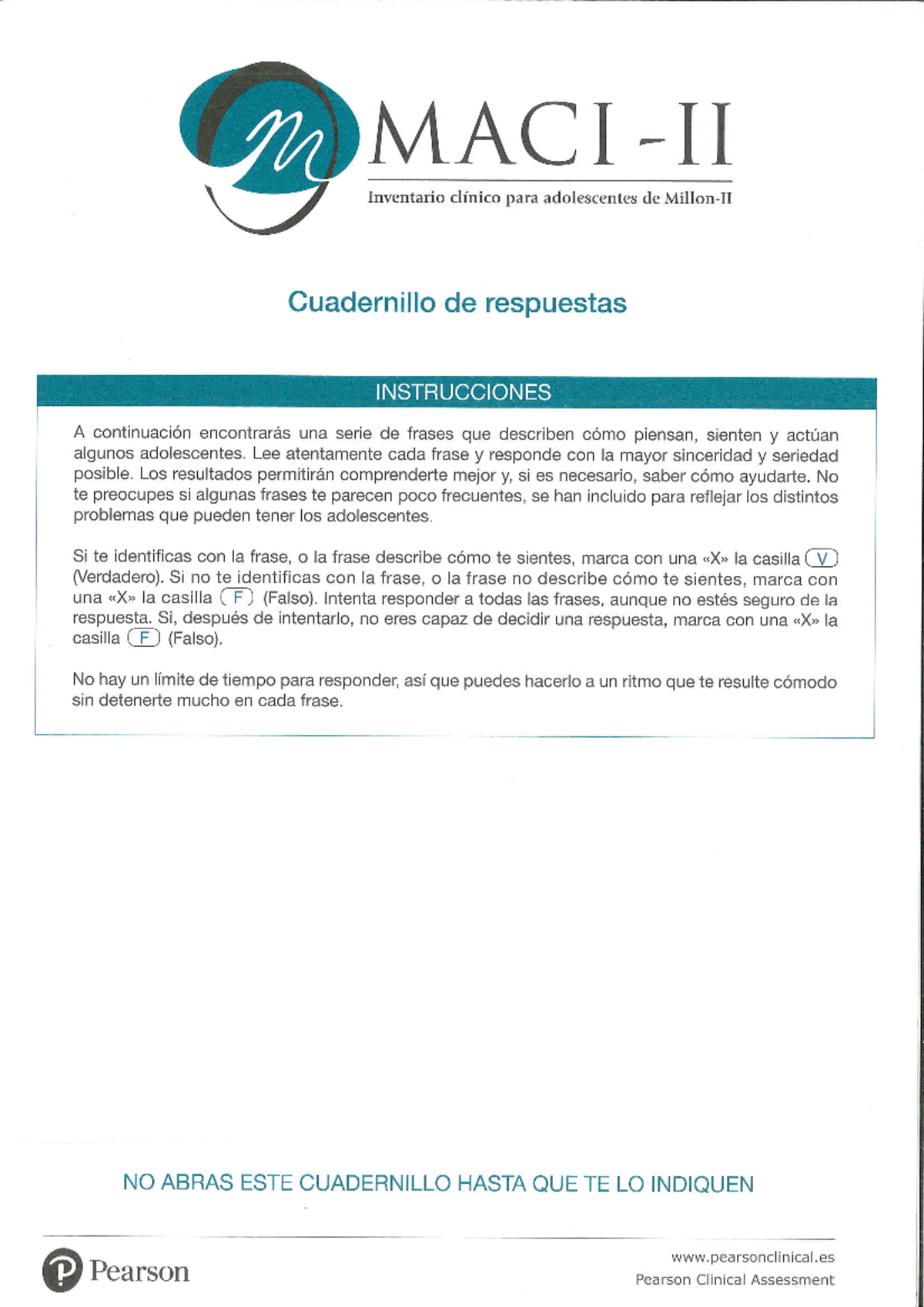 MACI II Cuadernillo de Respuestas: Inventario Clínico para Adolescentes - Document Preview