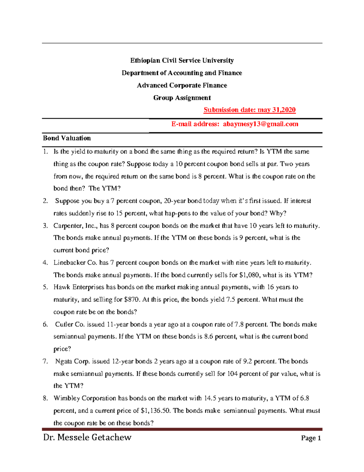 Advanced Corporate Finance (FIN 501) Group Assignment on Bond & Stock ...