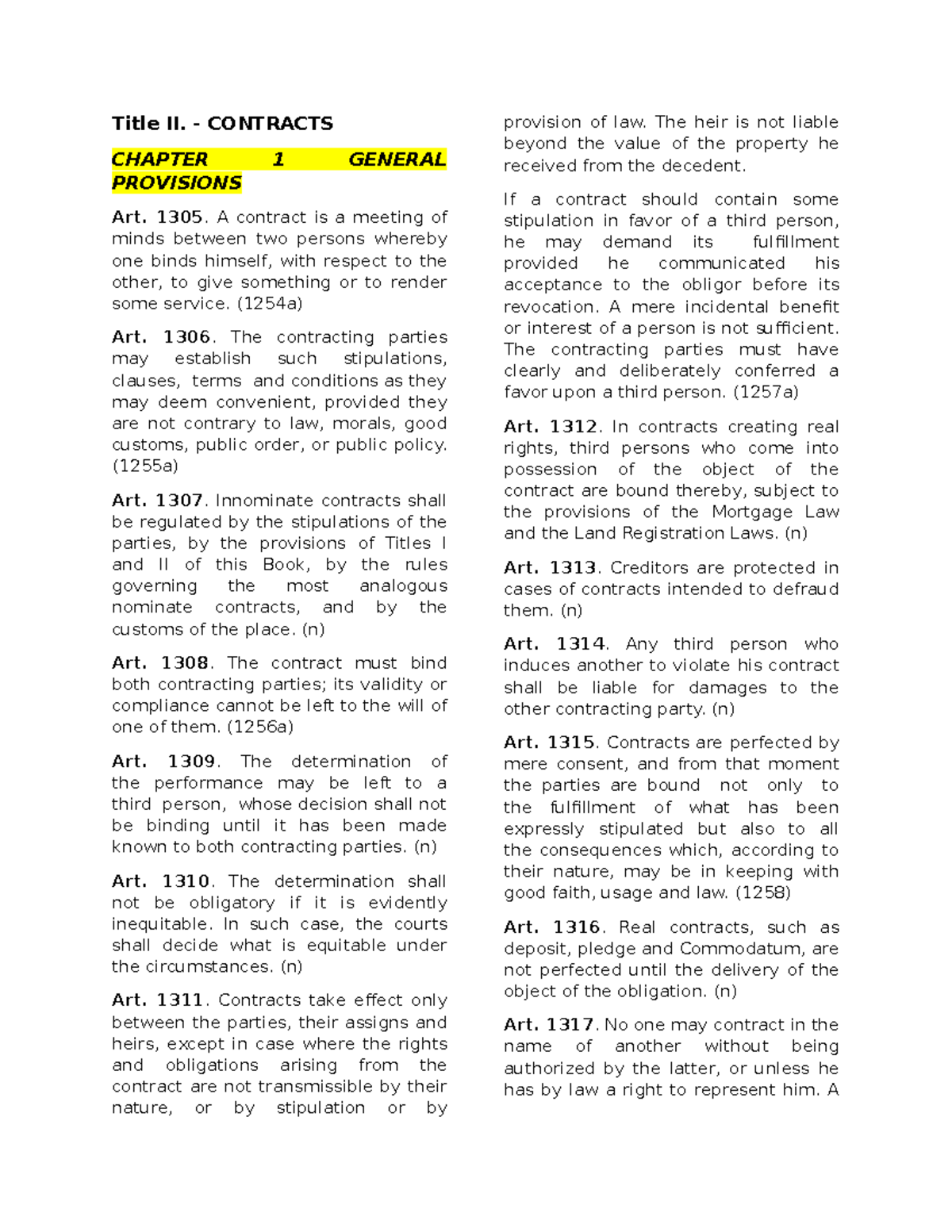 Contracts- Codals - none - Title II. - CONTRACTS CHAPTER 1 GENERAL ...