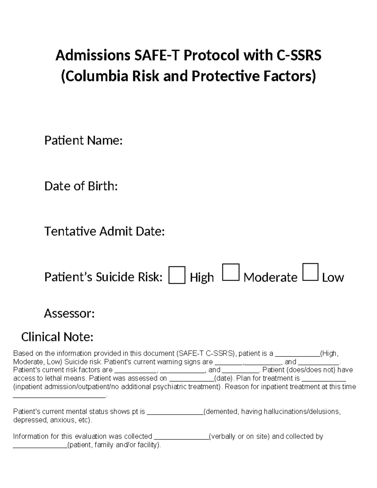 SAFE-T Assessment: Admissions Protocol for Suicide Risk Evaluation ...