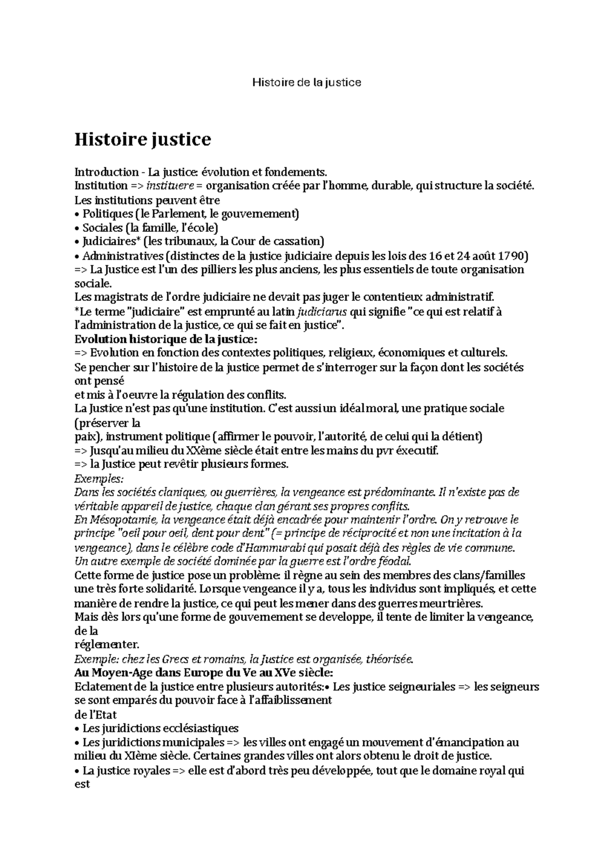 Histoire de la Justice: Évolution et Fondements (Cours Complet) - Studocu