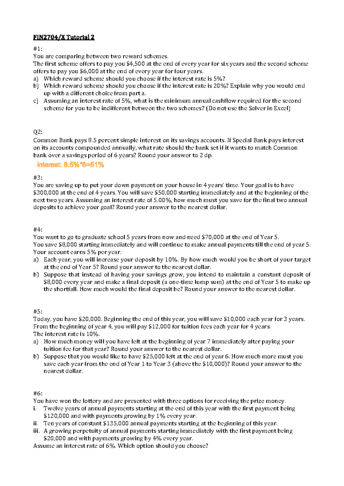 FIN2704 AY24-25 Sem2 Tutorial 2 Questions and Solutions - Studocu