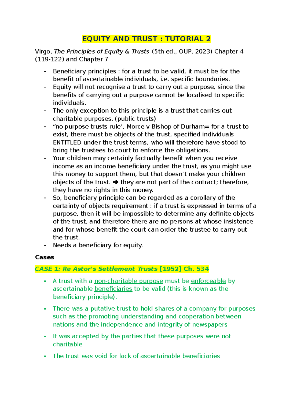 Y2 S1 E&Q Tutorial 2: Beneficiary Principle and Trust Validity - Studocu