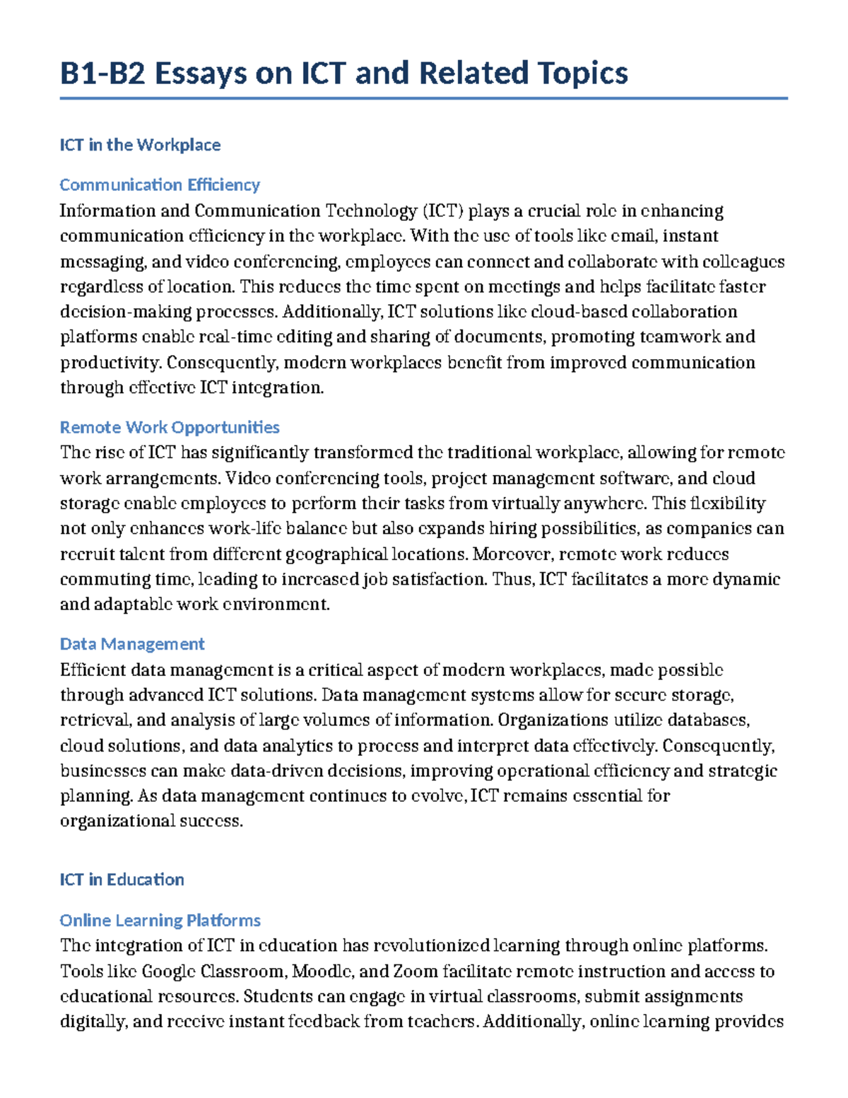 B1 B2 Essays on ICT: Enhancing Workplace Communication & Education ...