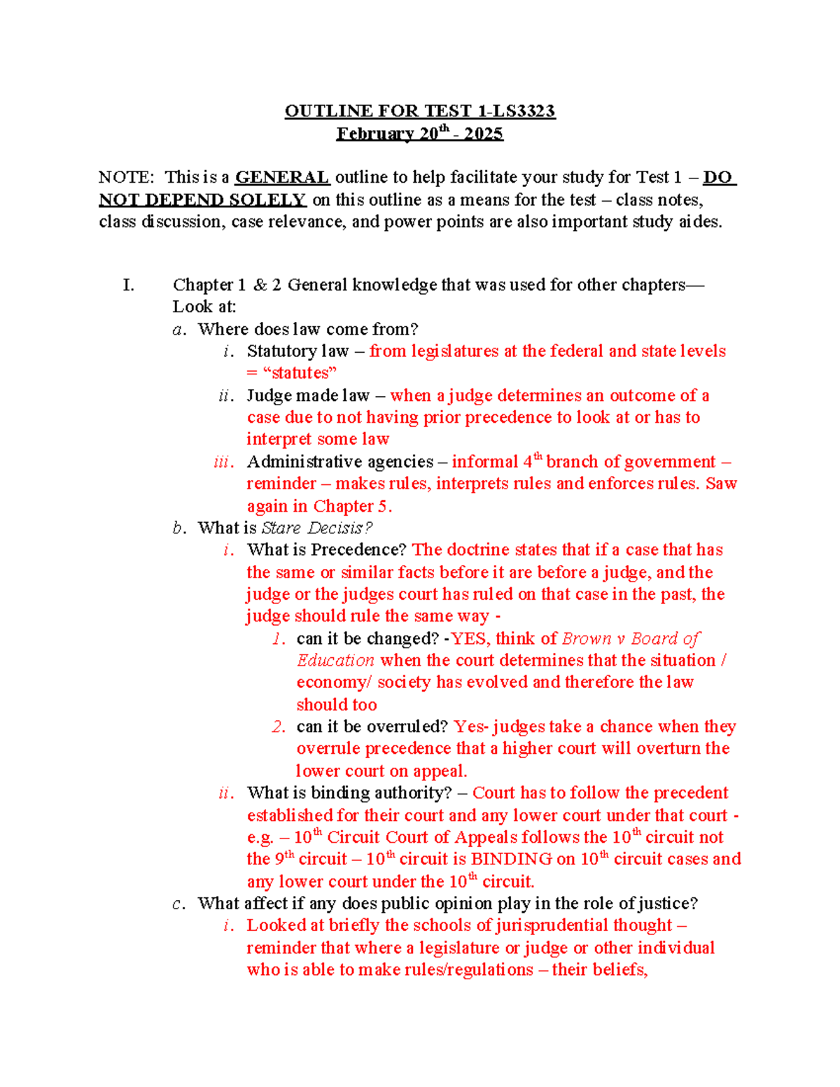 Outline Test 1 - OUTLINE FOR TEST 1-LS February 20th - 2025 NOTE: This ...