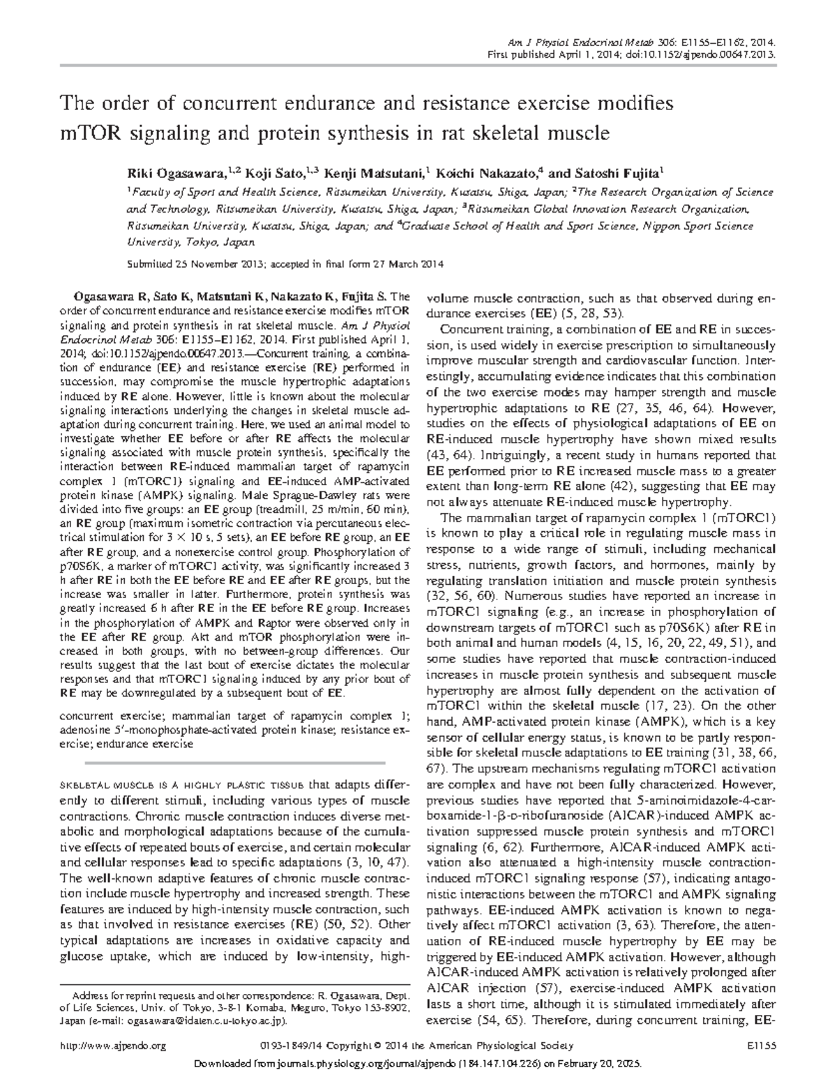 Effects of Concurrent Endurance and Resistance Exercise on mTOR ...