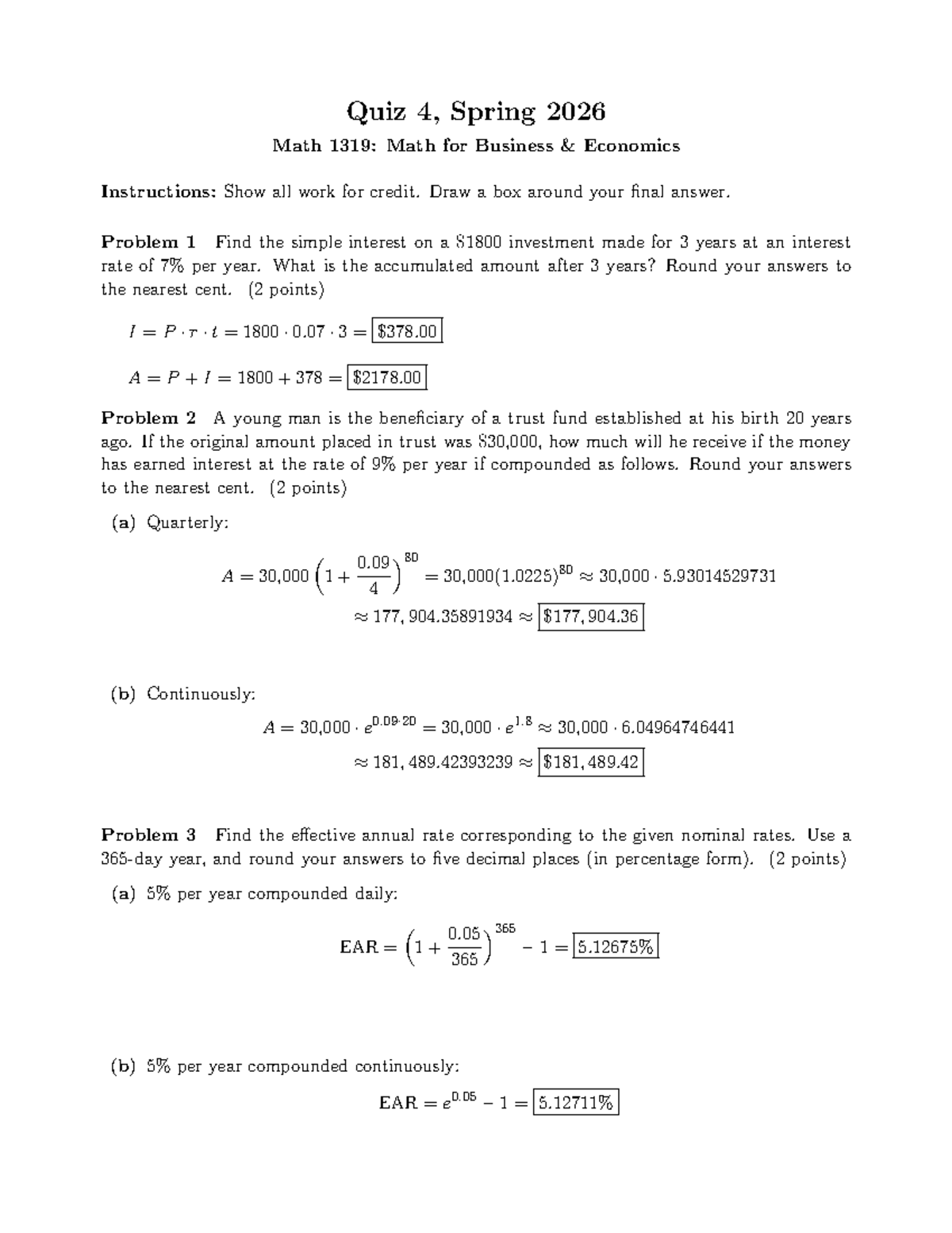Quiz 4, Math 1319: Math for Business & Economics - Studocu