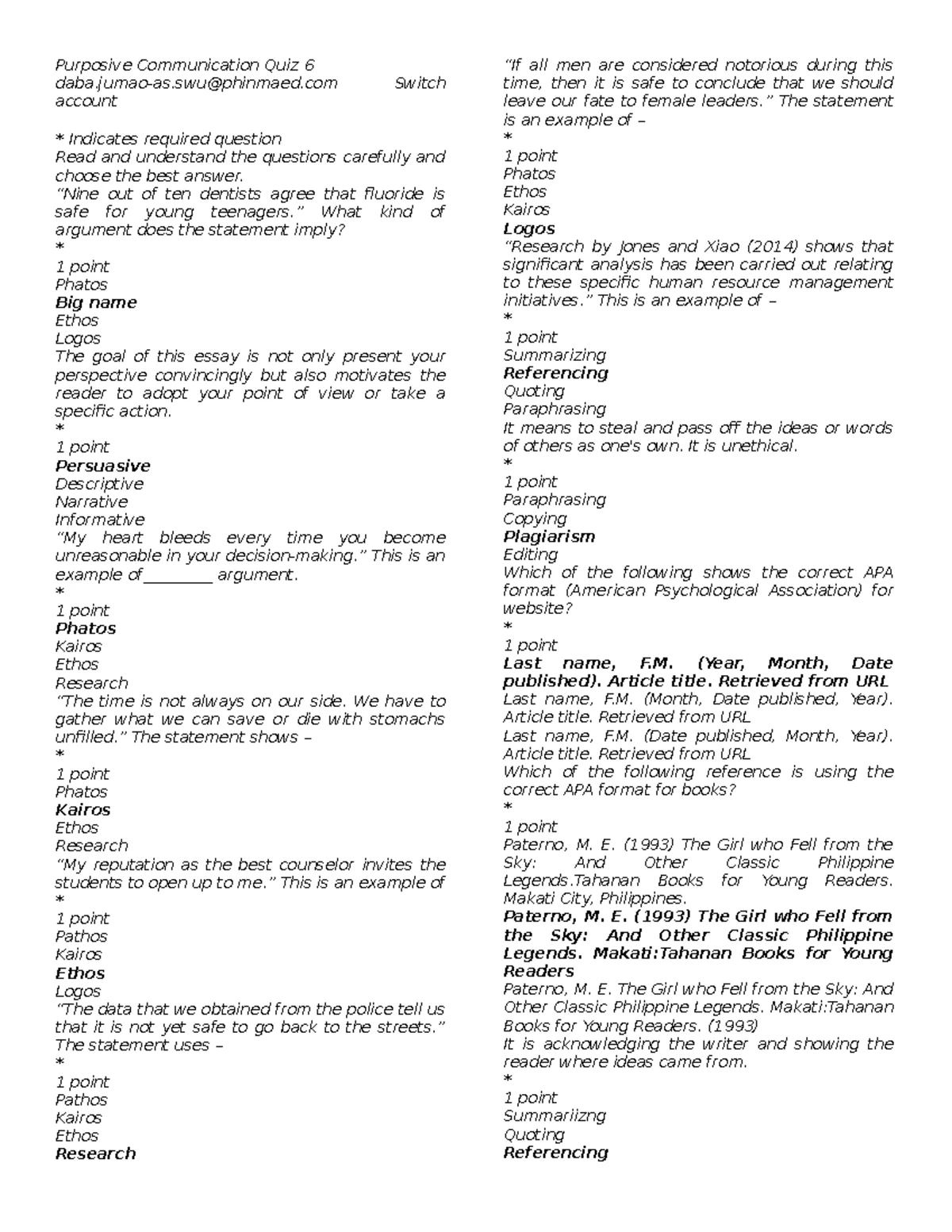 P2 Purposive Communication Quiz 6 Review and Answers - Studocu