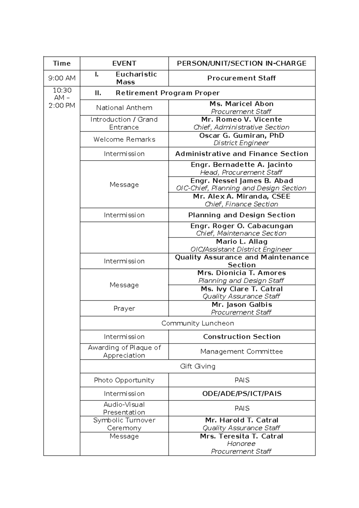 Retirement Program Flow for 9:00 AM - 2:00 PM Event - Studocu