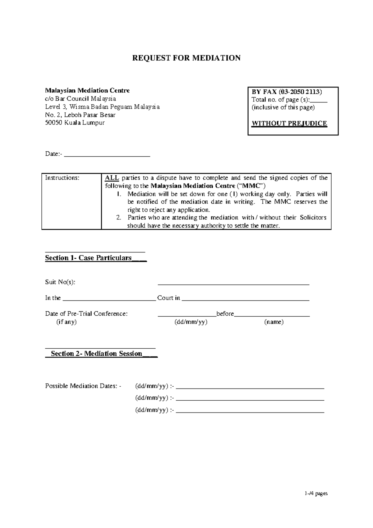 Example Mediation-Request-Form (MIMC) - REQUEST FOR MEDIATION Malaysian ...