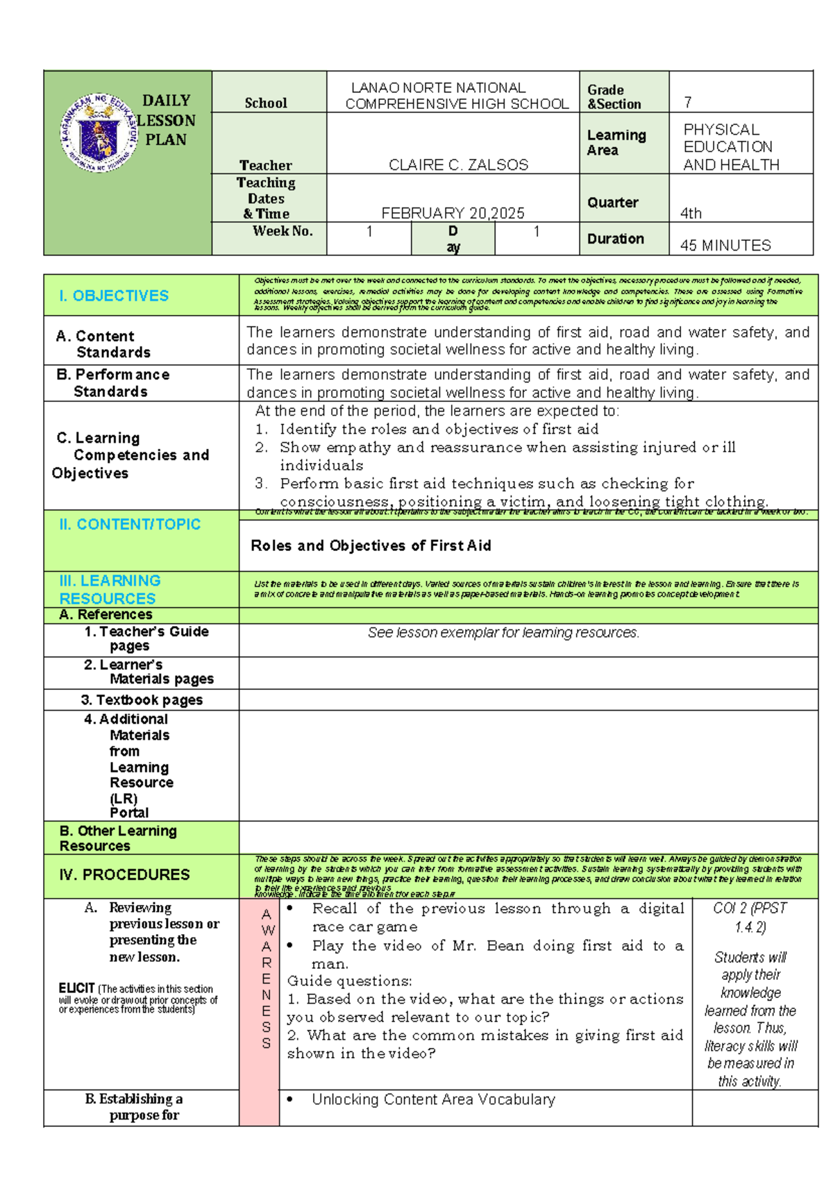 Q4-COT-LP-PE & Health: Daily Lesson Plan on First Aid for Grade 7 - Studocu