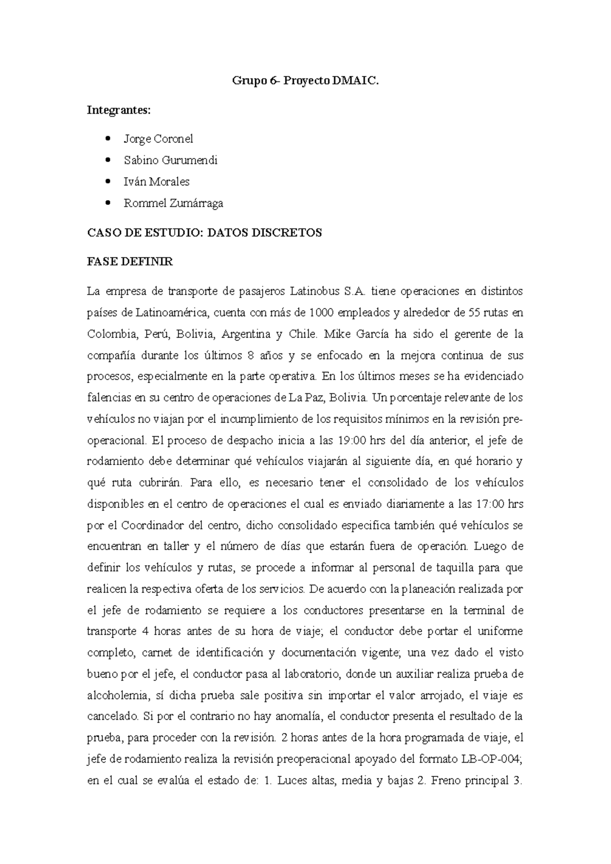 Grupo 6: Caso de Estudio DMAIC en Latinobus S.A. - Fase Definir - Document Preview