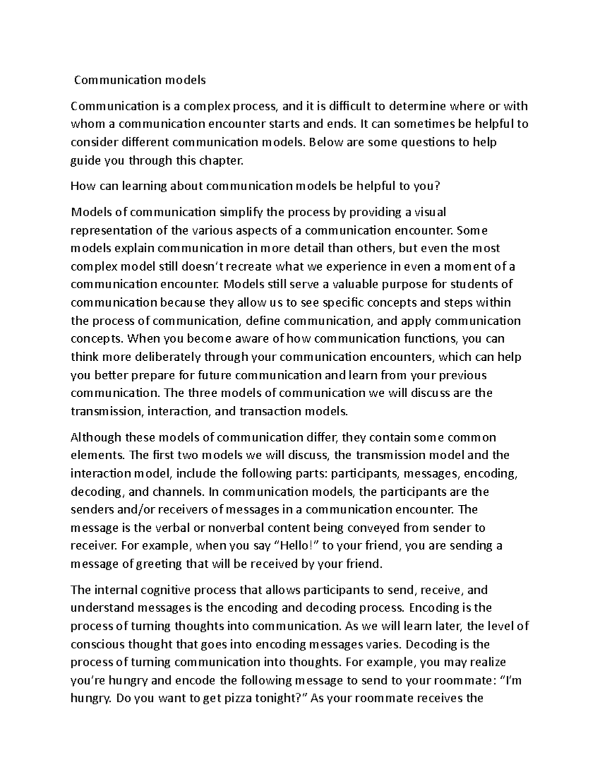 Communication models - Communication models Communication is a complex ...