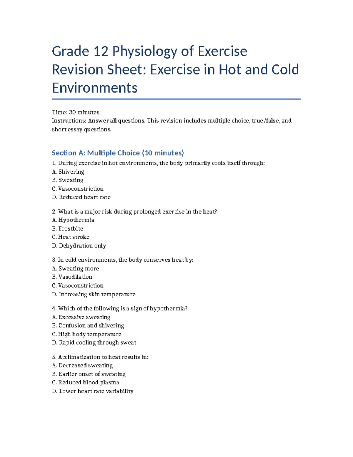 Grade 12 Physiology of Exercise Revision: Hot & Cold Environments - Studocu