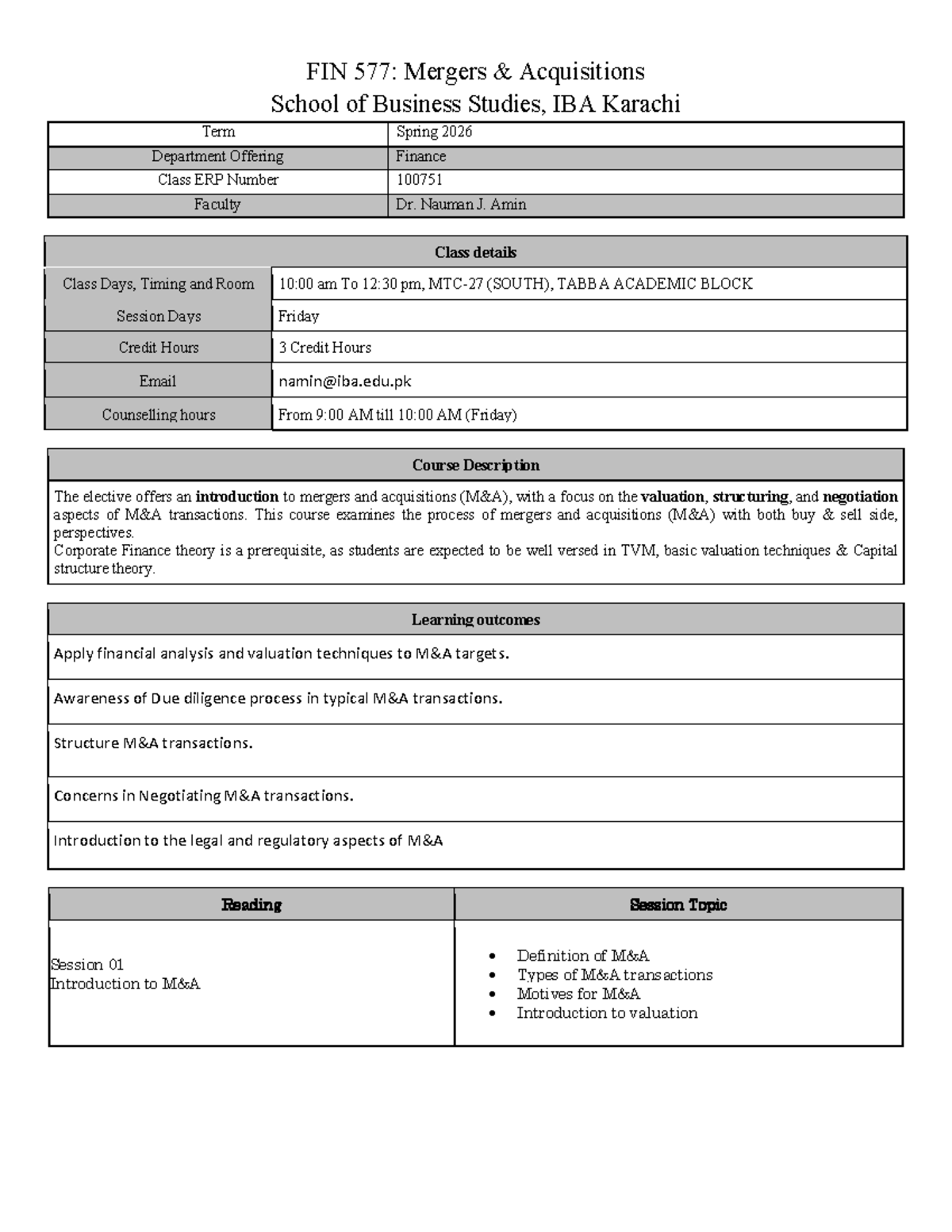 FIN 577: Mergers & Acquisitions Course Outline - Spring 2026 - Studocu