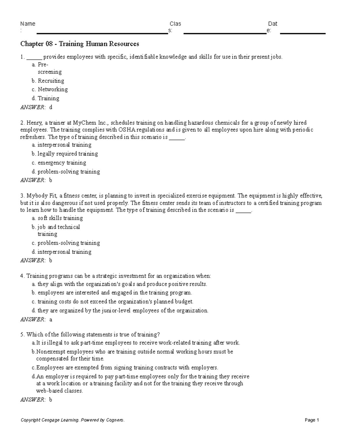 Chapter 08 Training Human Resources - Name : Clas s: Dat e: Chapter 08 ...