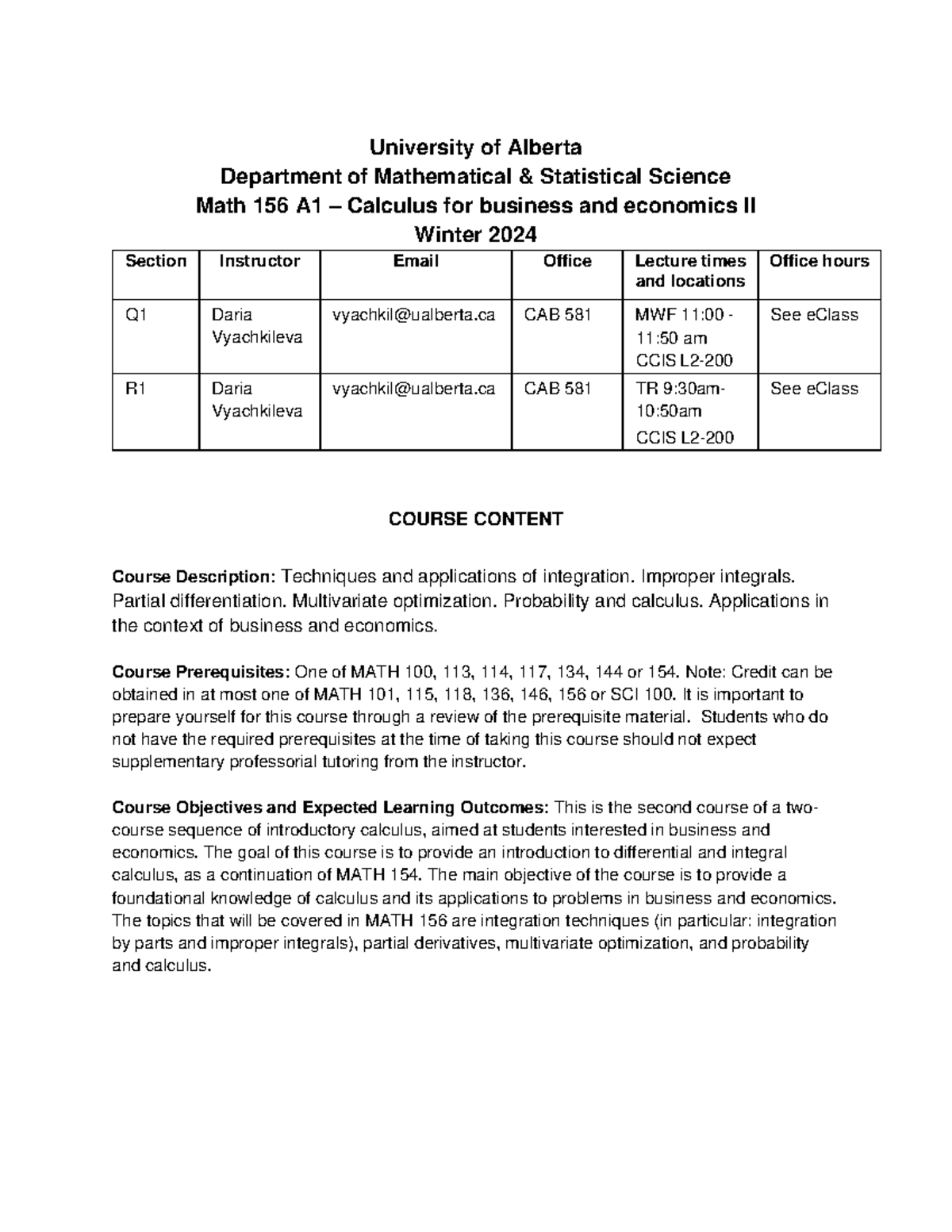 MATH156 Winter 2024 Syllabus: Calculus for Business & Economics II ...