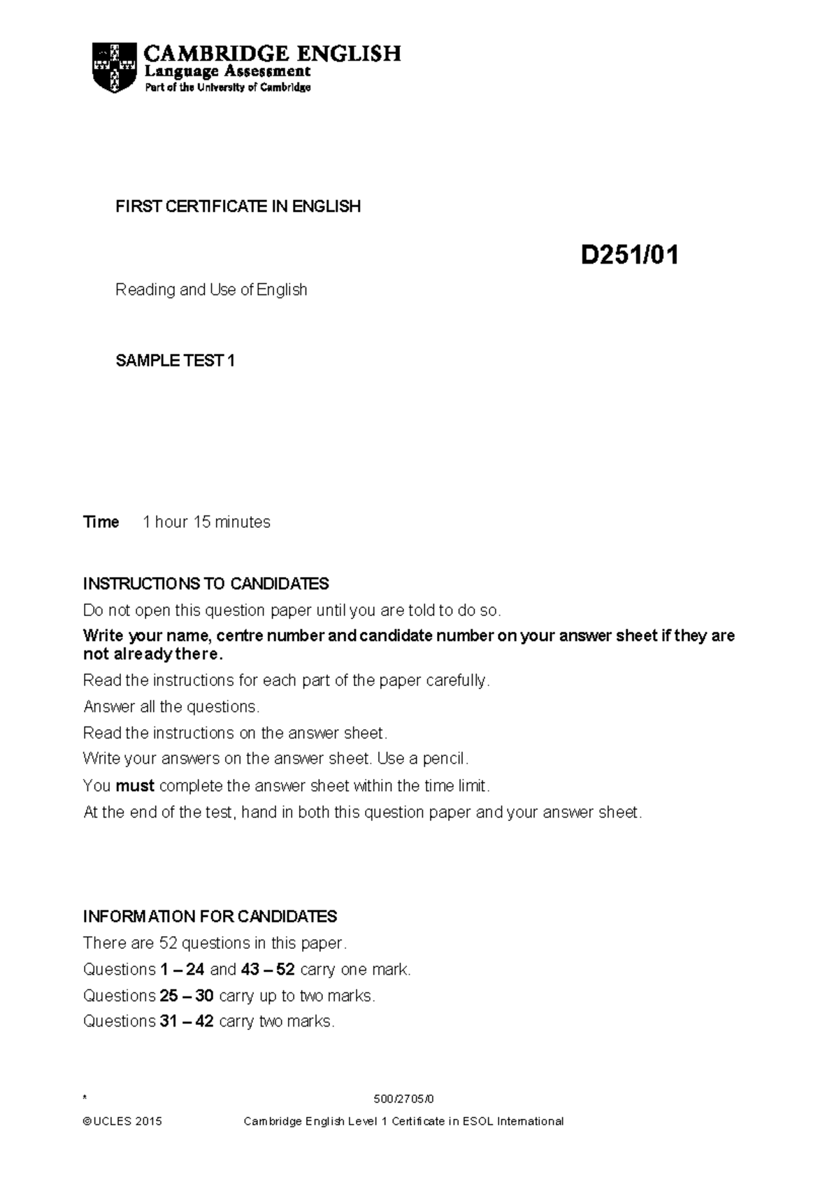Cambridge English: First B2 Reading & Use of English Sample Test 1 ...