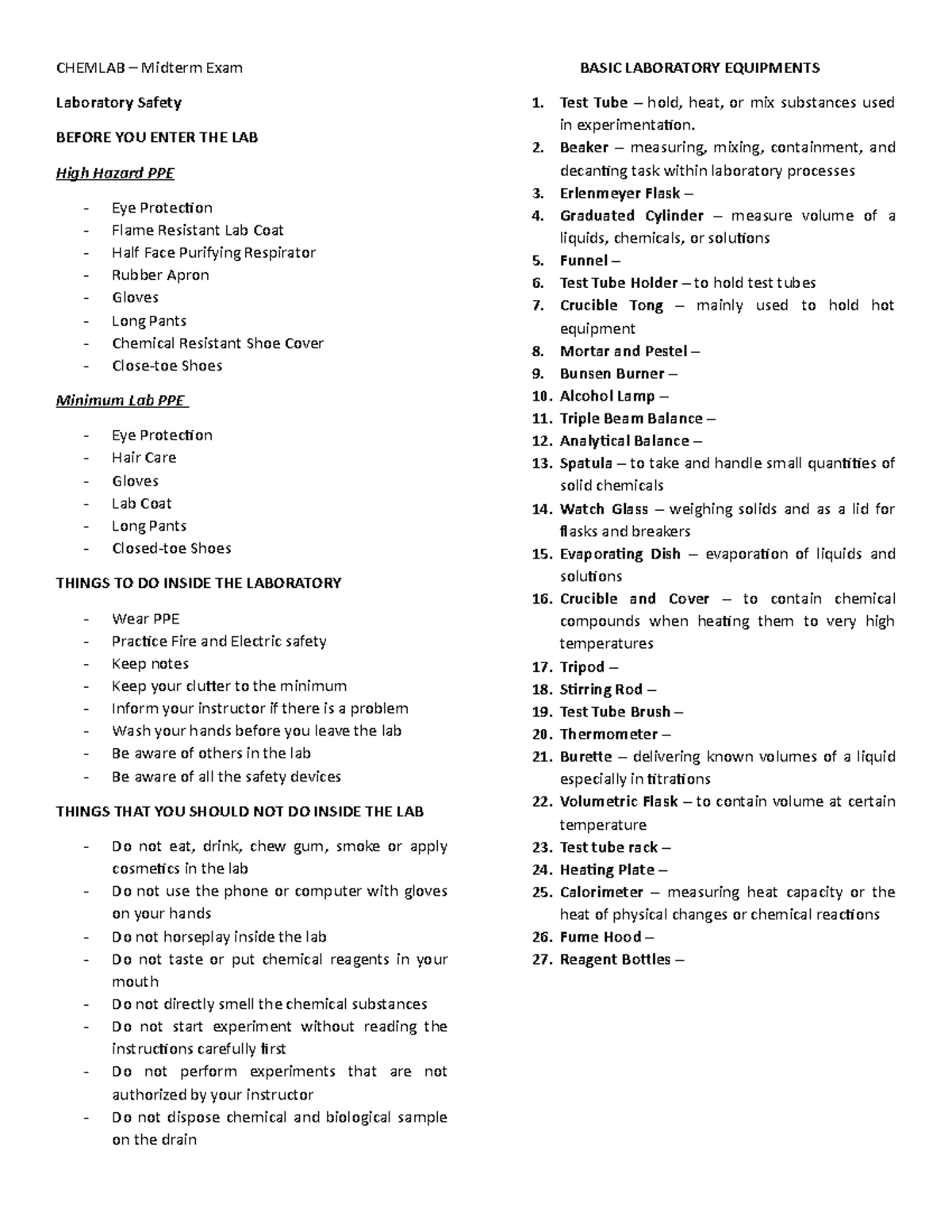 CHEMLAB - Chemistry for Engineers Midterm Exam Safety Guidelines - Studocu