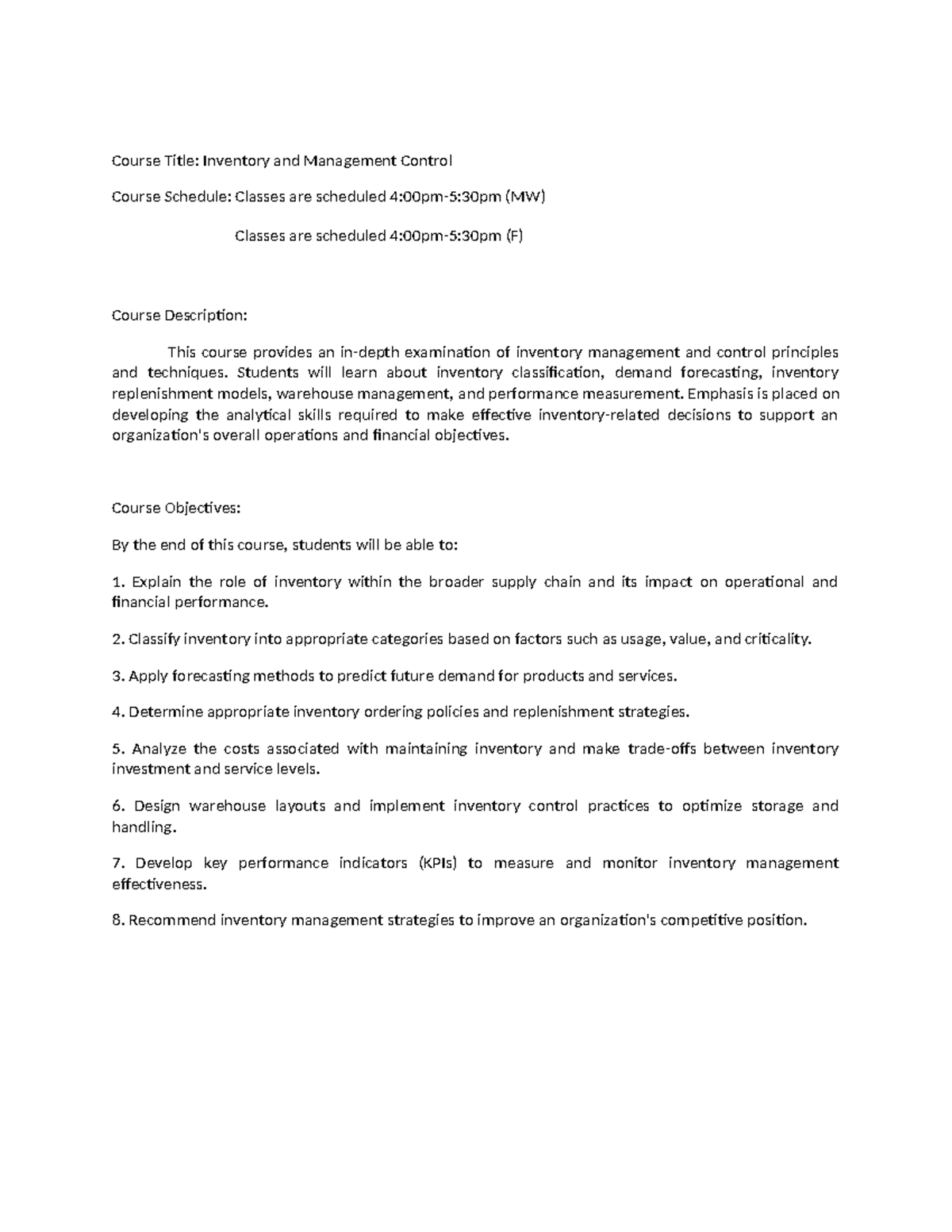 Inventory Management Control Course Syllabus (Course Code Included ...