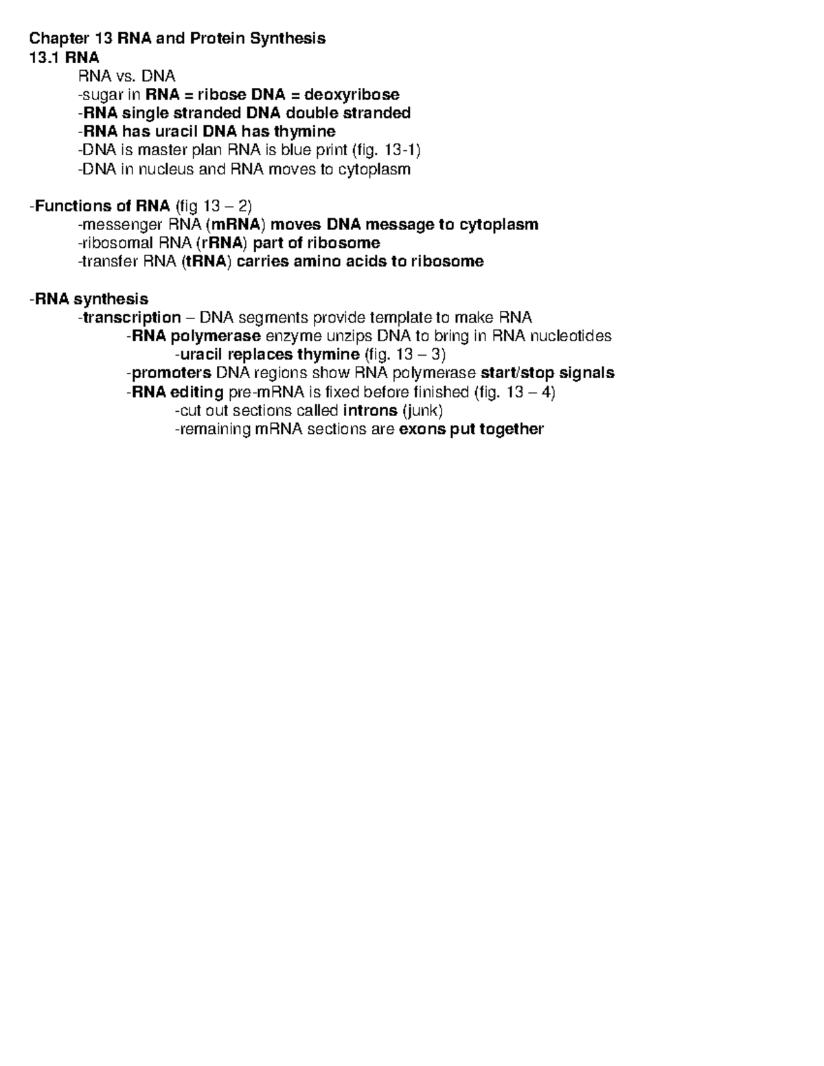 Chapter 13.1: RNA and Protein Synthesis Notes - Studocu
