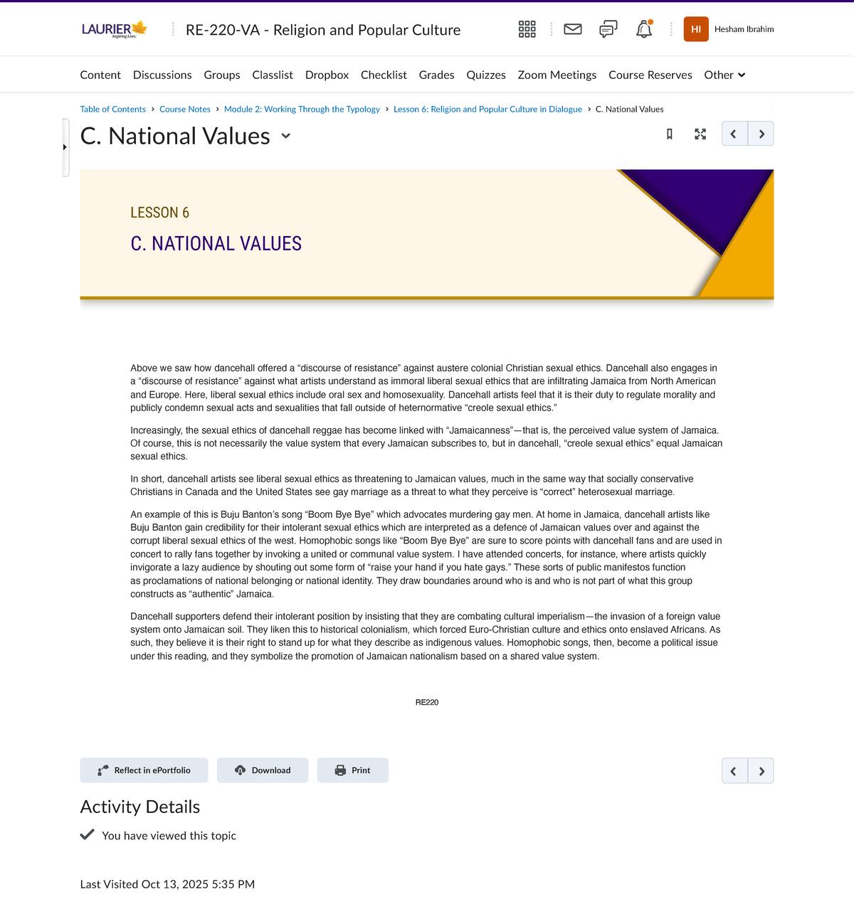RE220 Lesson 6: National Values in Dancehall Culture - Studocu