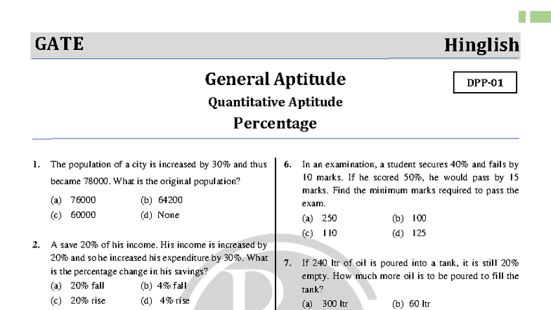 GATE General Aptitude: Quantitative Aptitude DPP 01 - Lec 02 - Studocu