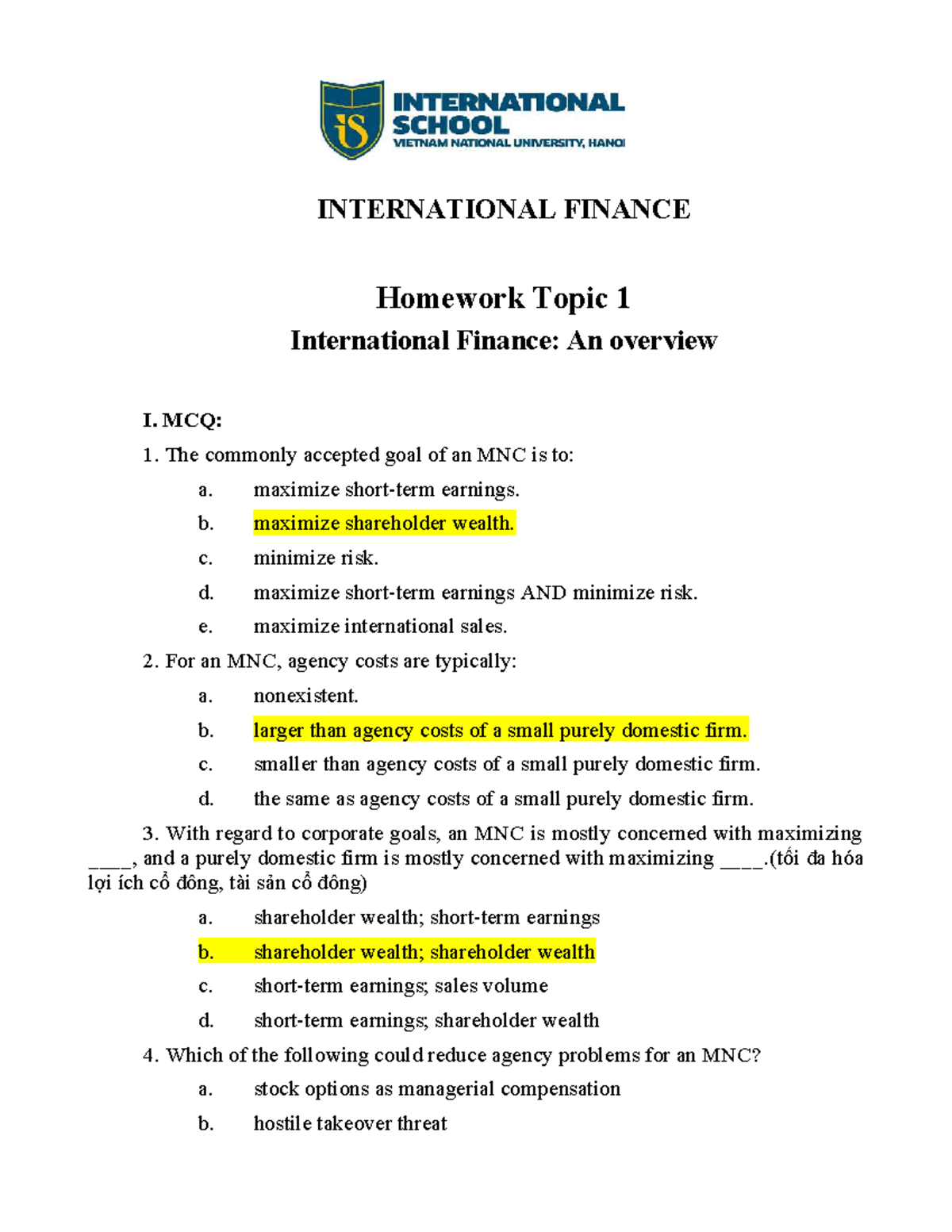 INTERNATIONAL FINANCE Homework Topic 1: Overview & Key Concepts - Studocu