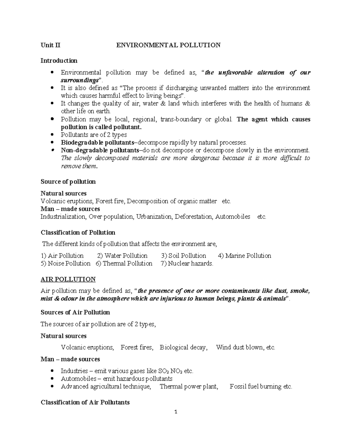 Unit II: Environmental Pollution Overview and Impact Analysis - Studocu