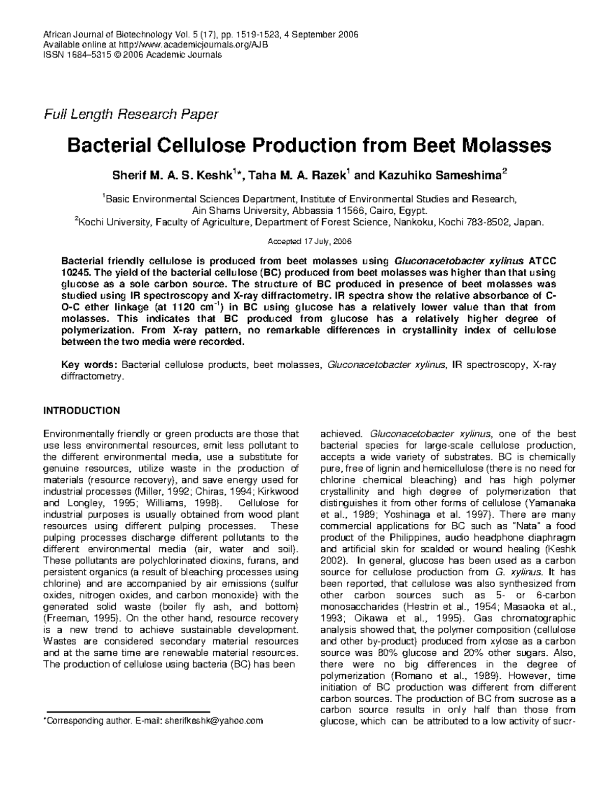 Bacterial Cellulose Production from Beet Molasses: A Study (AJB 5(17 ...