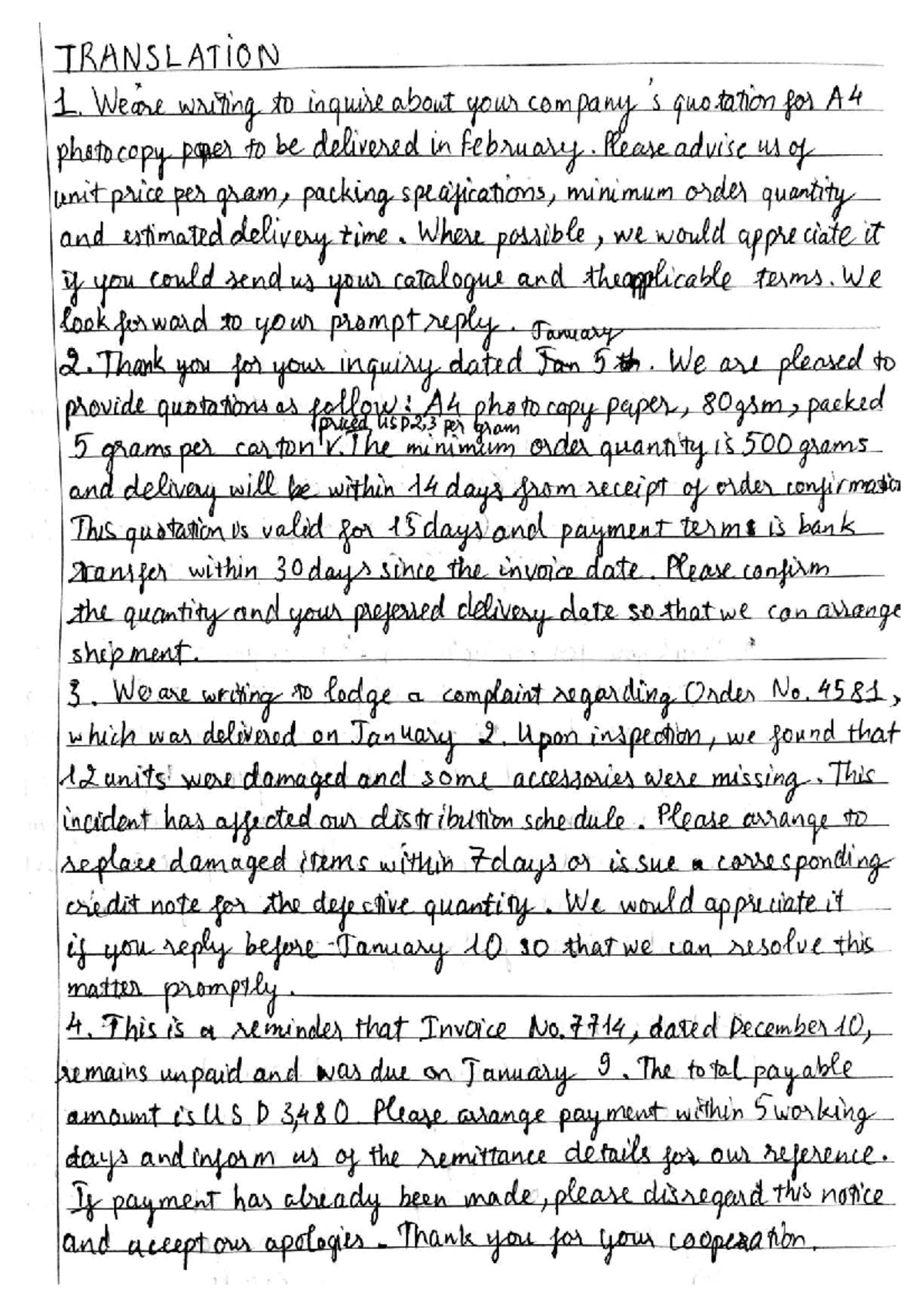 TRANSLATION 1: Inquiry, Quotation, and Complaint Correspondence - Studocu